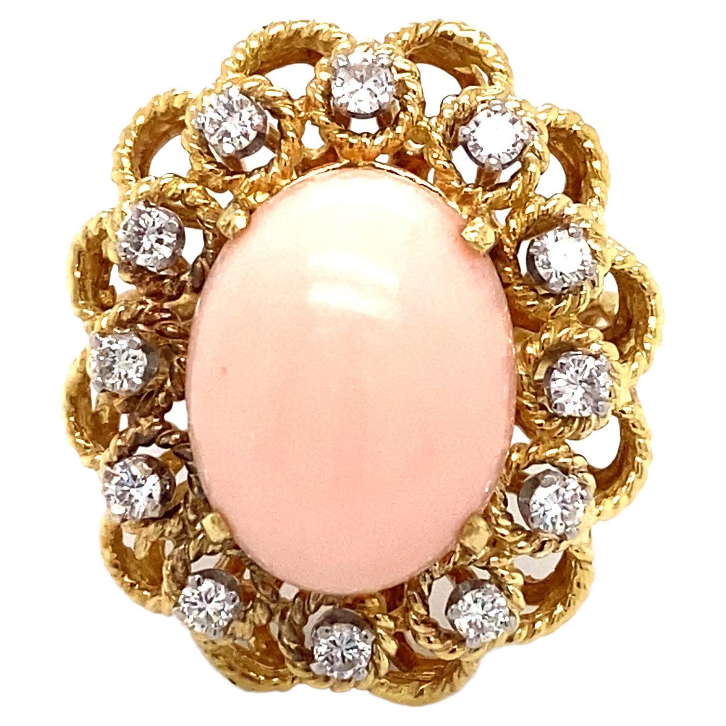 Circa 1970s Angel Skin Coral and Diamond Cocktail Ring in 18K Gold For Sale