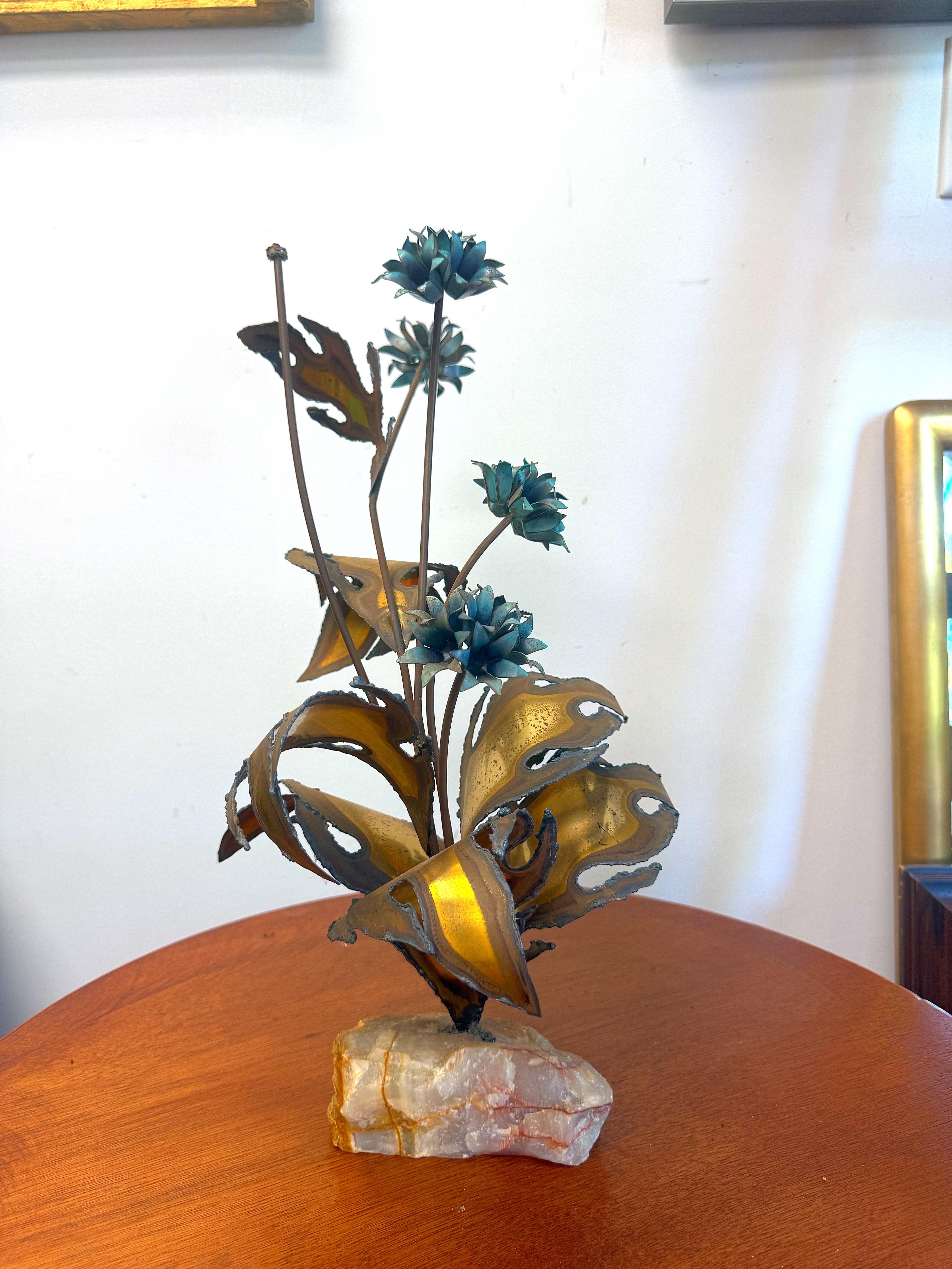 American Circa 1970s Brutalist Torch Cut Flower Display on Quartz Rock For Sale