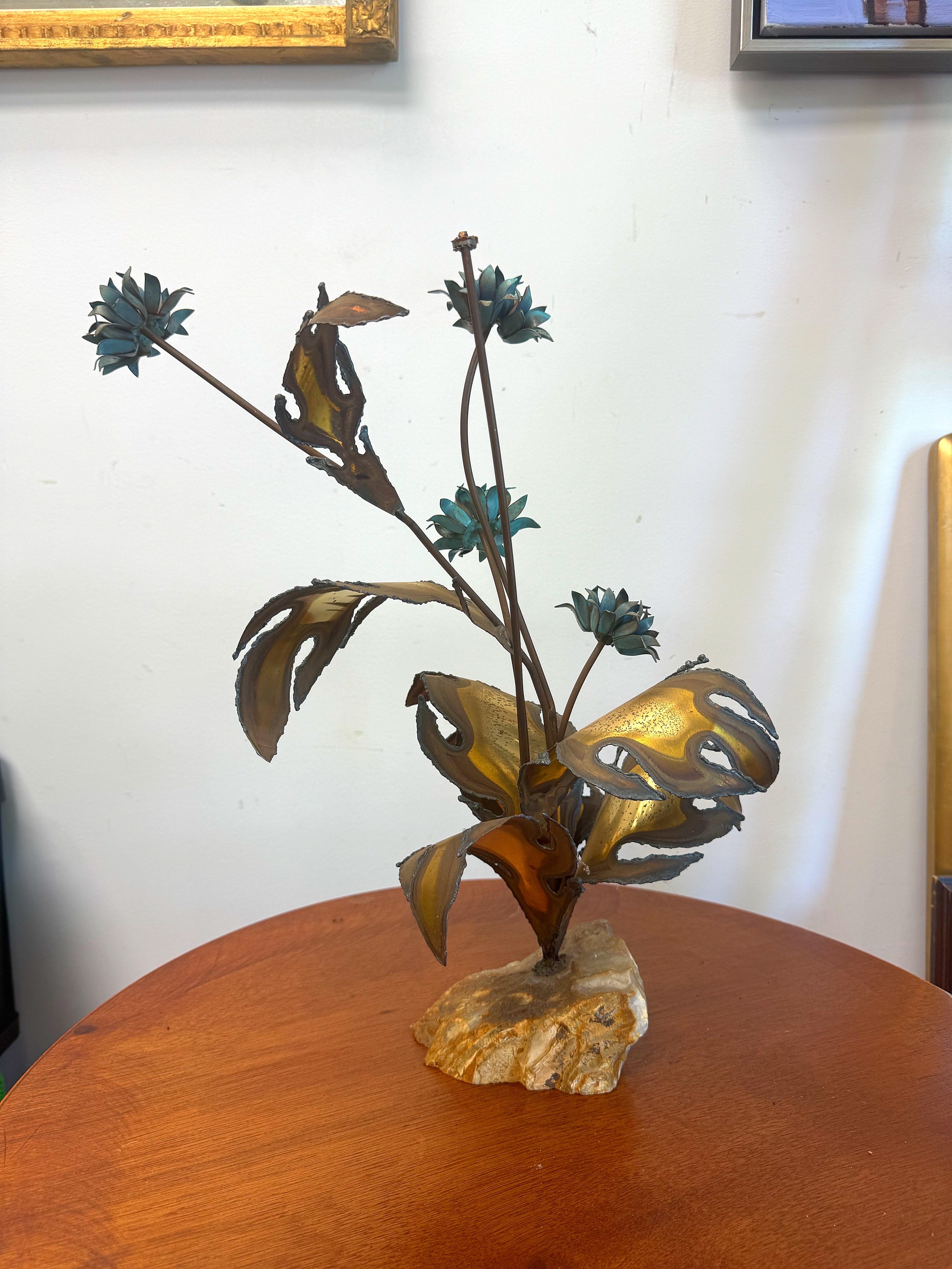 Circa 1970s Brutalist Torch Cut Flower Display on Quartz Rock In Good Condition For Sale In Charleston, SC
