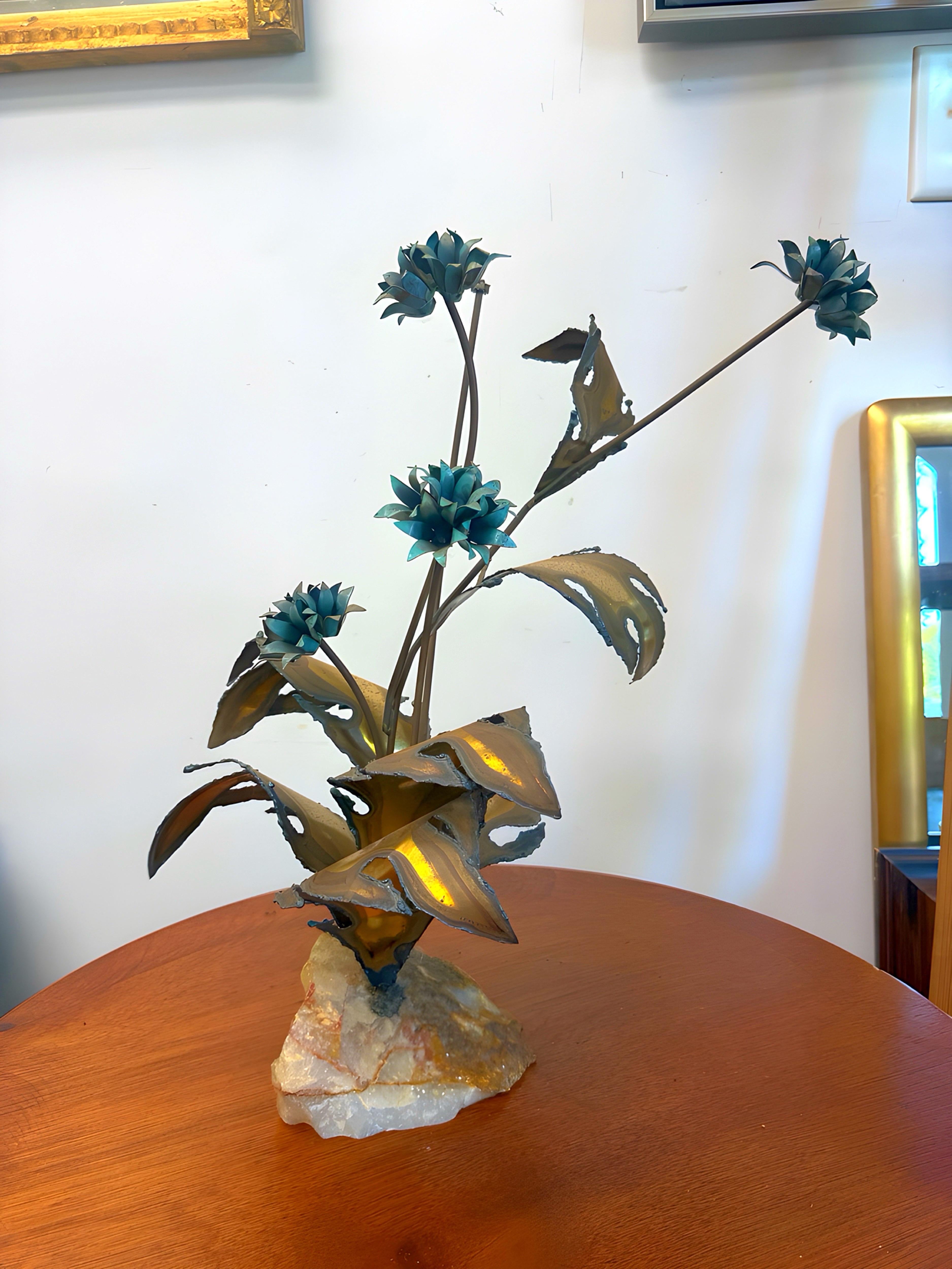 Late 20th Century Circa 1970s Brutalist Torch Cut Flower Display on Quartz Rock For Sale