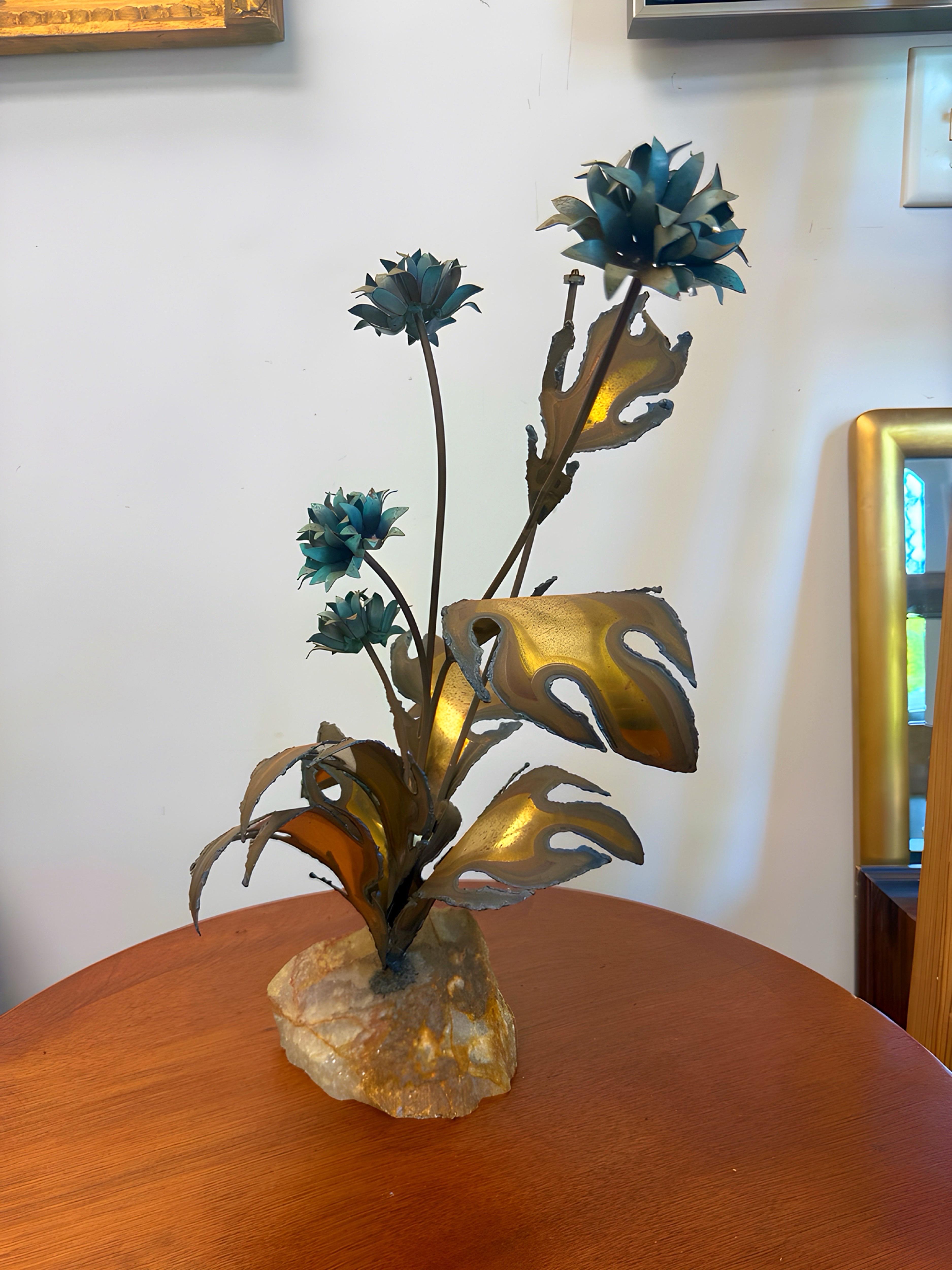 Bronze Circa 1970s Brutalist Torch Cut Flower Display on Quartz Rock For Sale