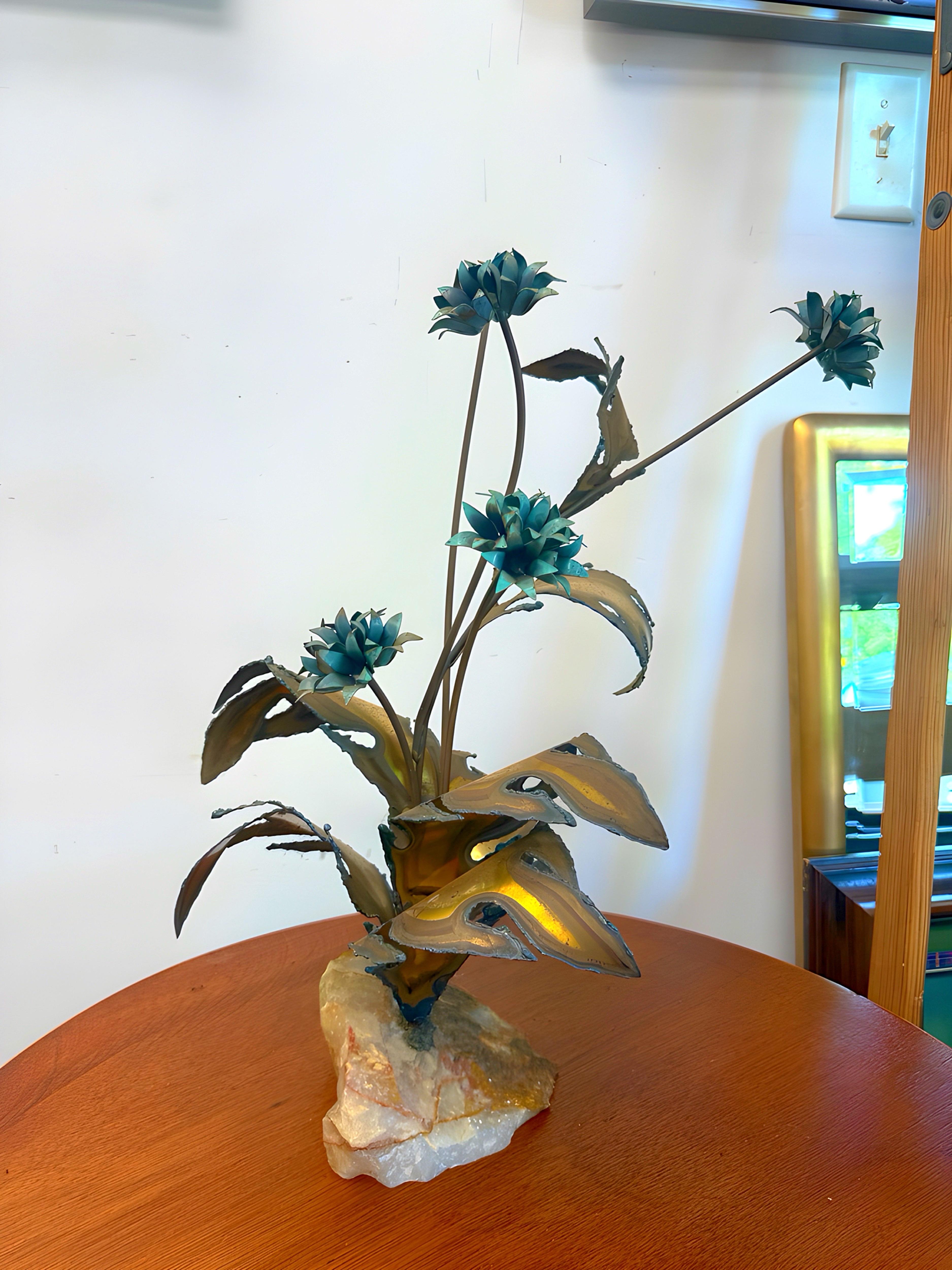 Circa 1970s Brutalist Torch Cut Flower Display on Quartz Rock For Sale 1