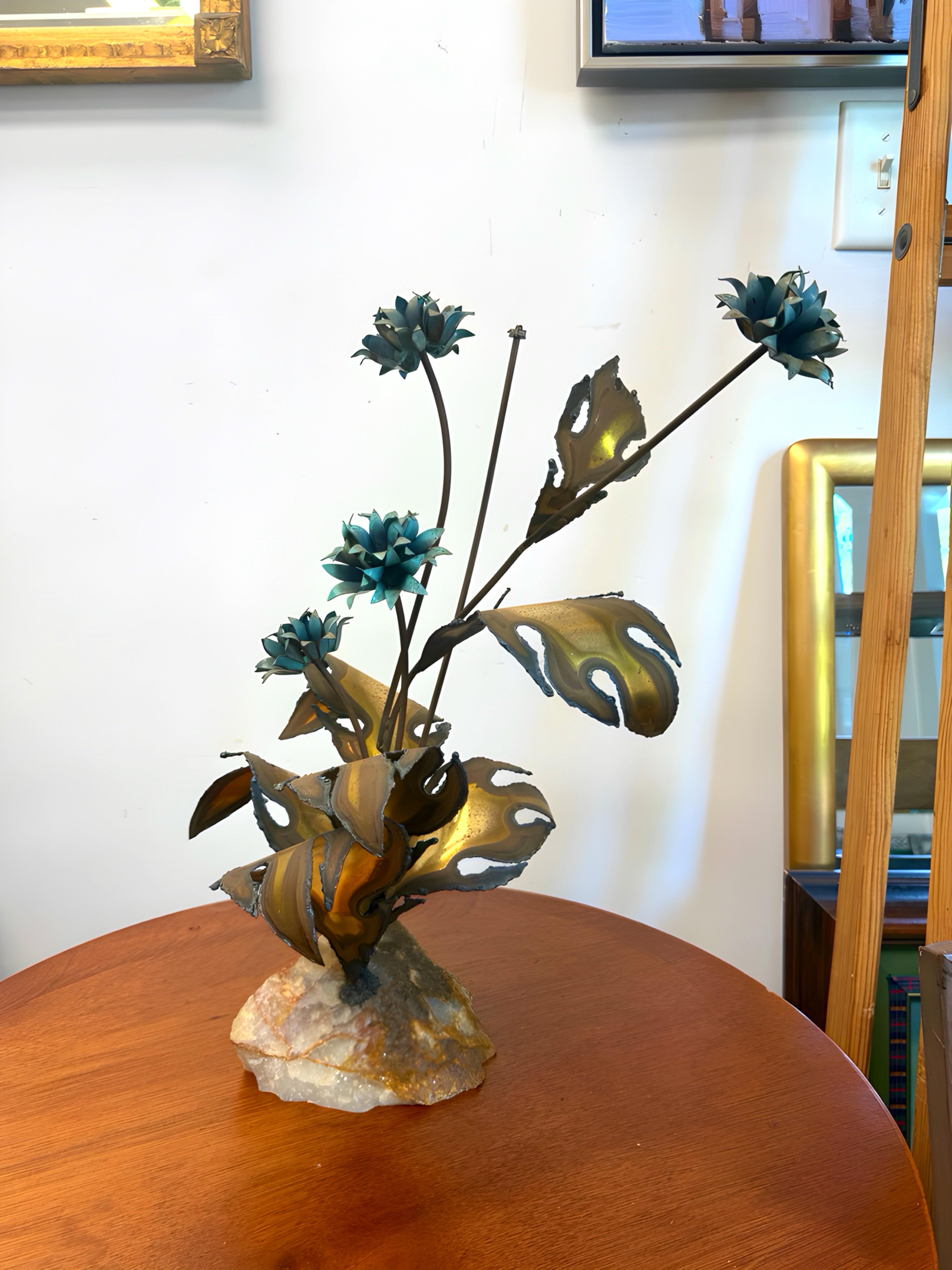 Circa 1970s Brutalist Torch Cut Flower Display on Quartz Rock For Sale 2
