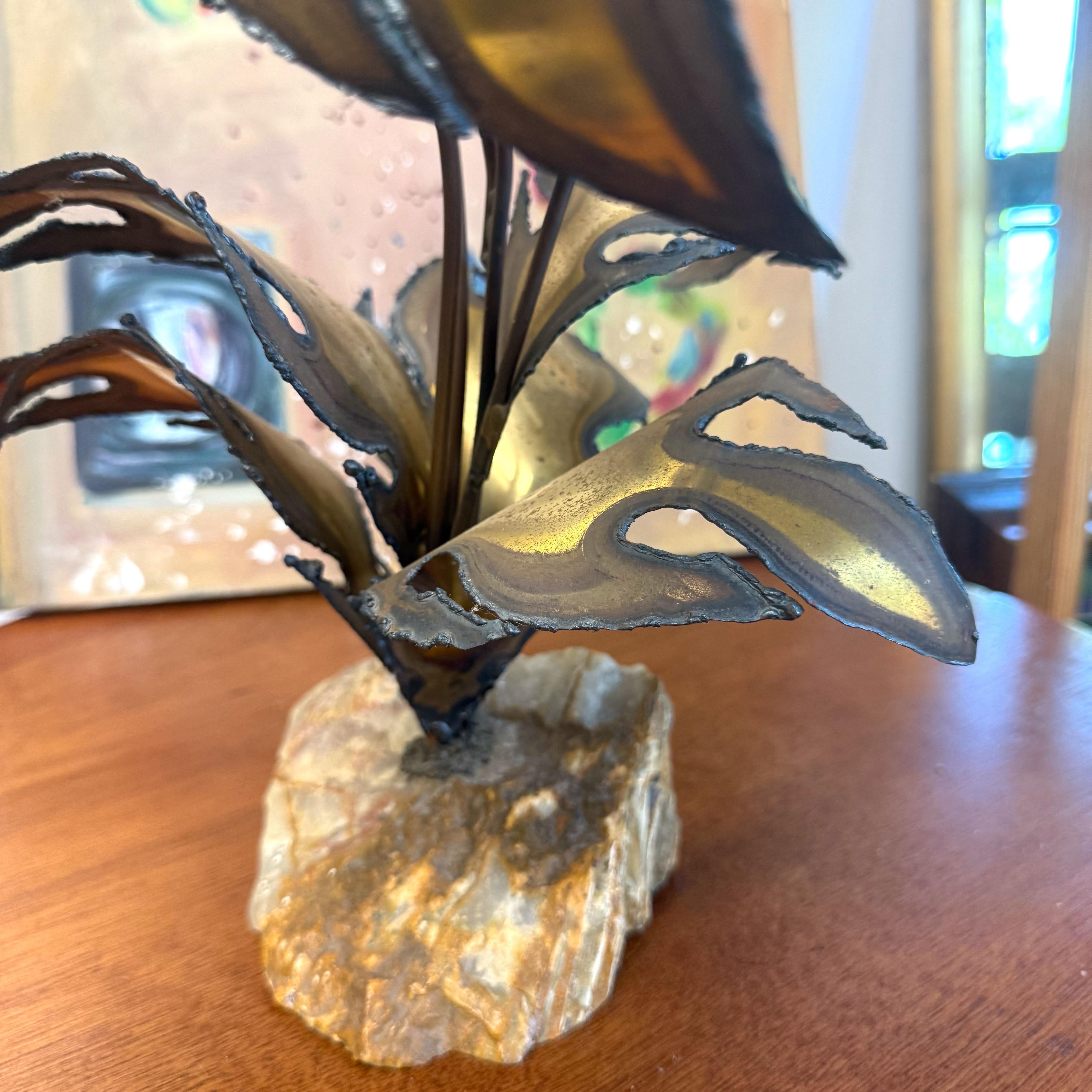 Circa 1970s Brutalist Torch Cut Flower Display on Quartz Rock For Sale 3