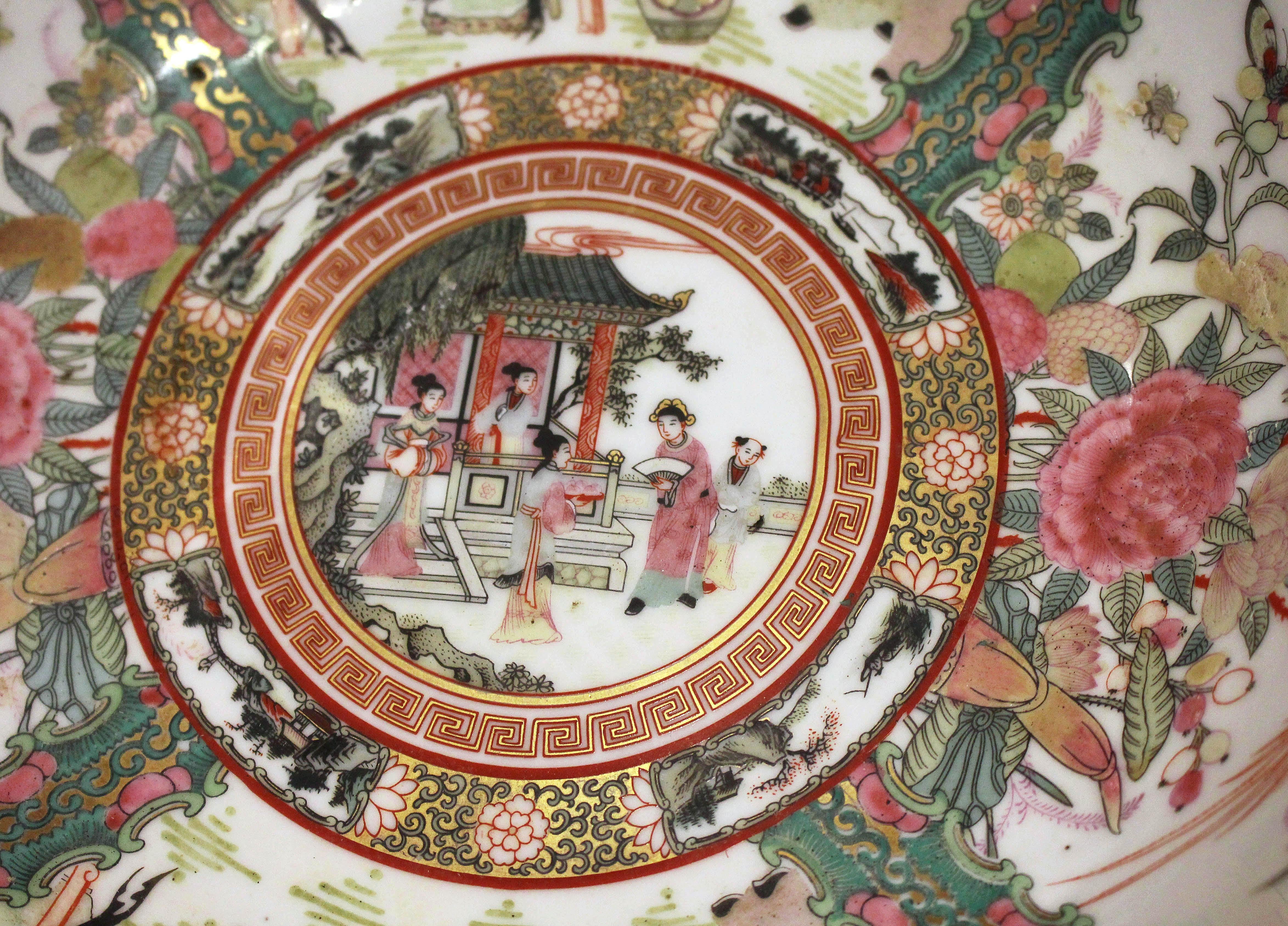 Chinese export, rose medallion punch bowl, c.1970s. Chop mark. Ideal size, good condition. For decorative use only.
14 1/8