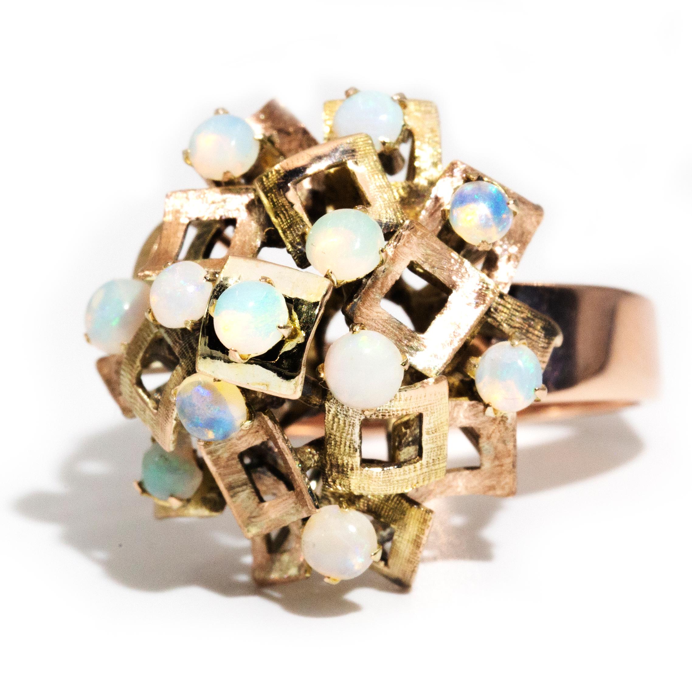 Circa 1970s Crystal Opal Vintage 9 Carat Gold Geometric Squares Cluster Ring 7