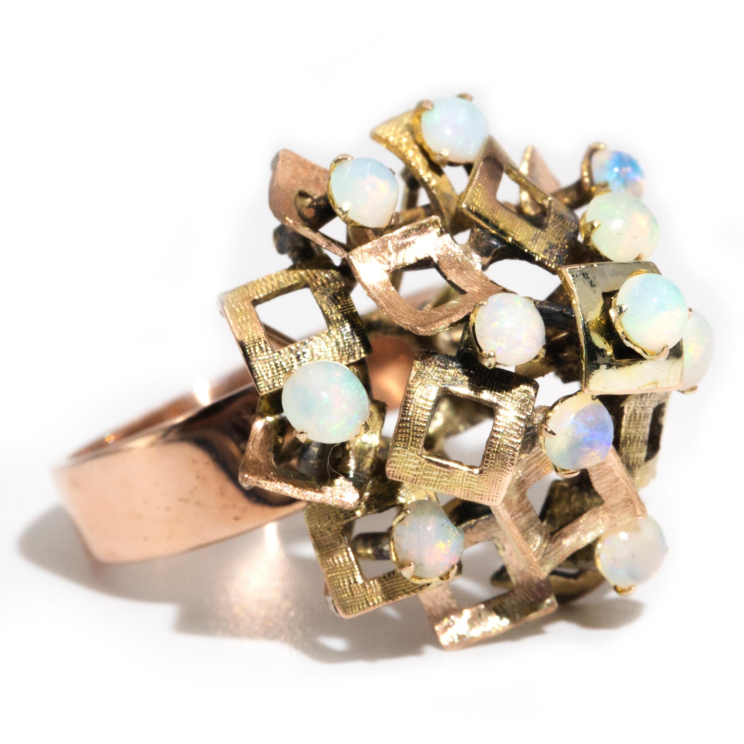 Round Cut Circa 1970s Crystal Opal Vintage 9 Carat Gold Geometric Squares Cluster Ring