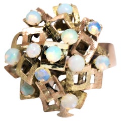 Circa 1970s Crystal Opal Vintage 9 Carat Gold Geometric Squares Cluster Ring
