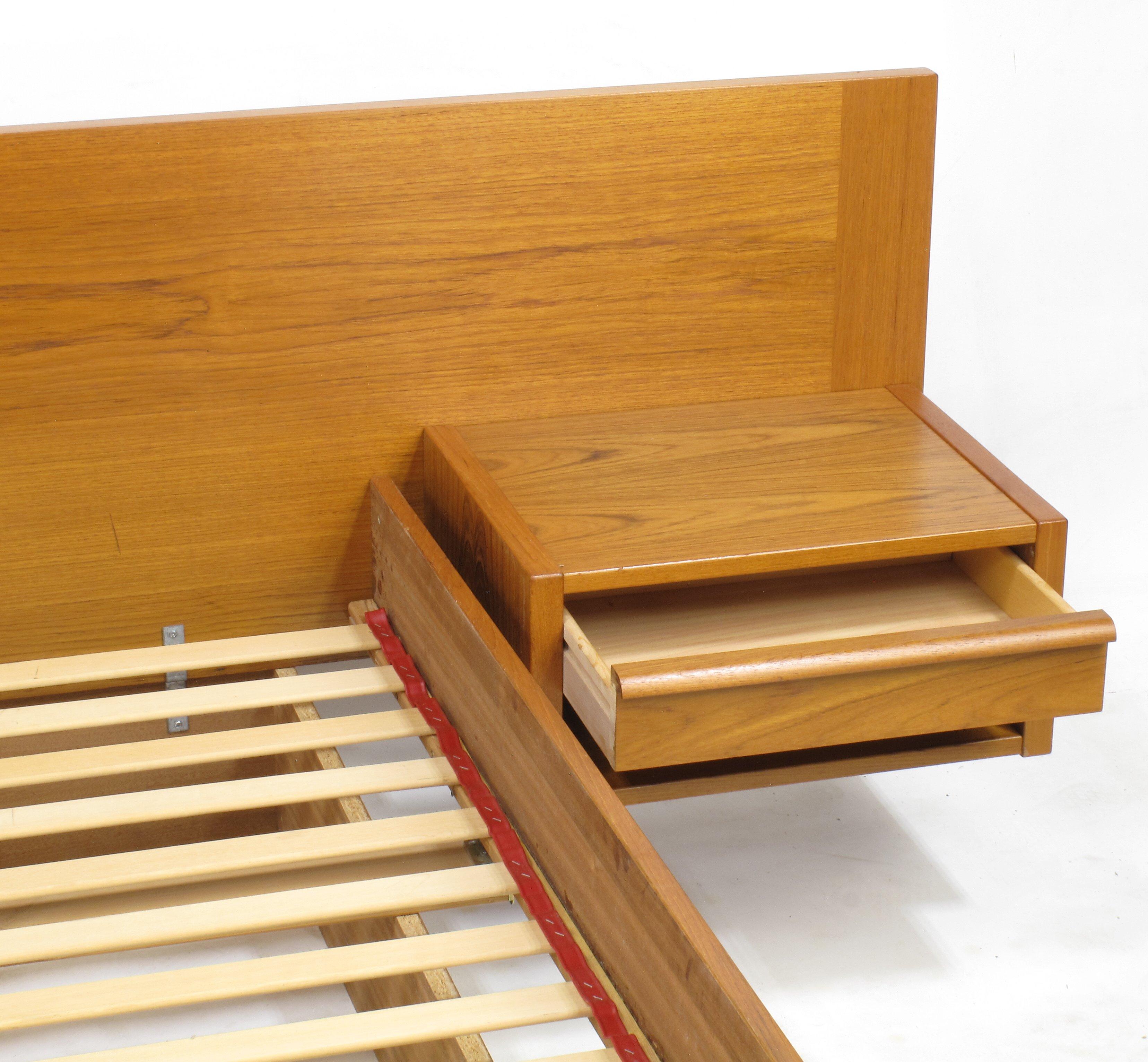 Mid-Century Modern Danish Teak Queen Platform Bed with Floating Nightstands by Jesper, circa 1970s