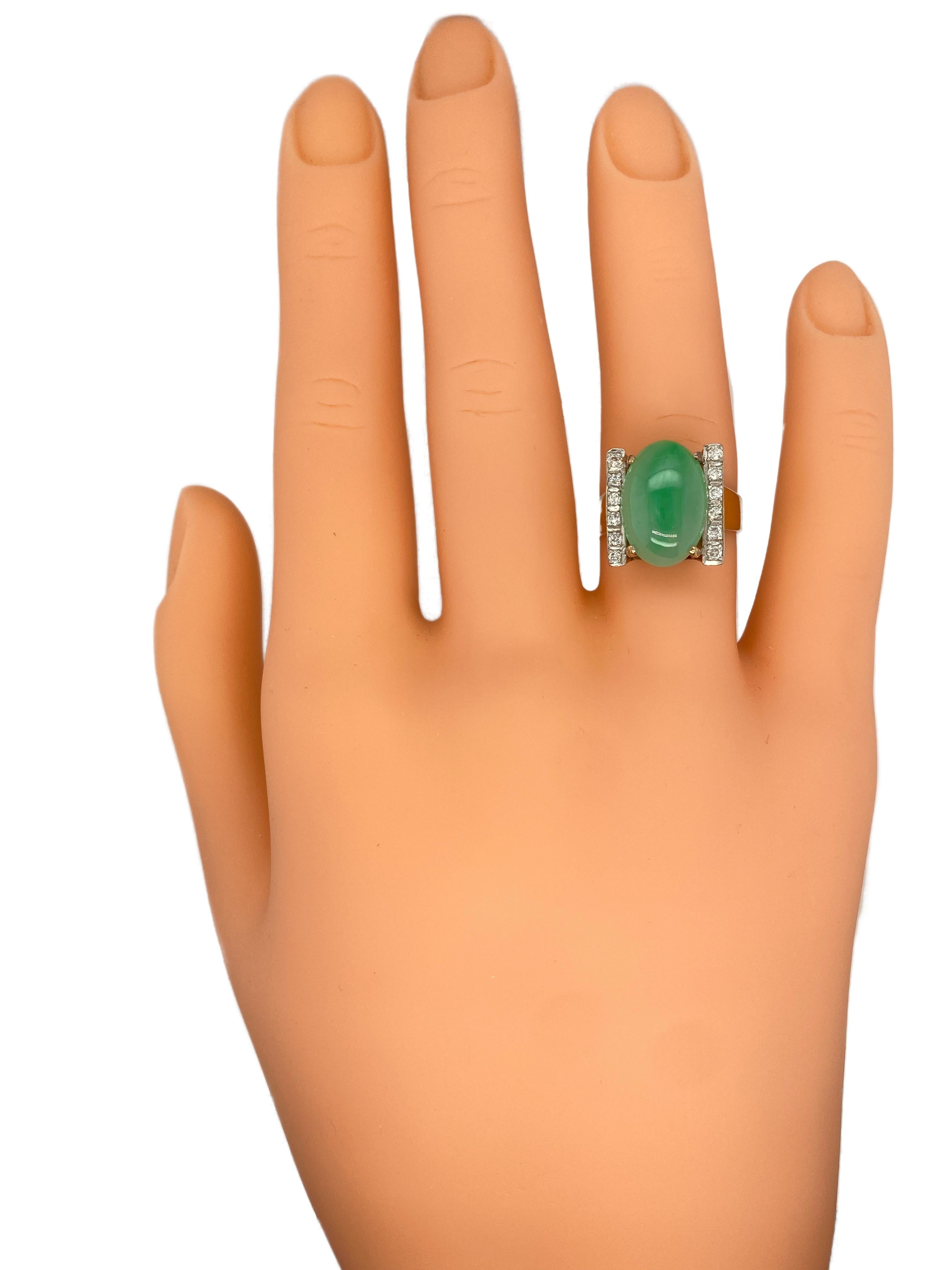 Oval Cut Circa 1970s Double Zoned Oval Green Jade and Diamond Ring in 14K Gold For Sale