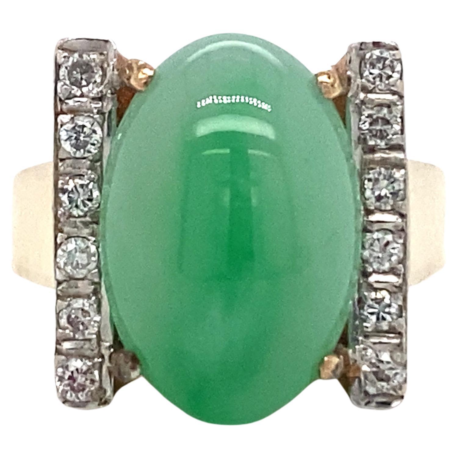 Circa 1970s Double Zoned Oval Green Jade and Diamond Ring in 14K Gold For Sale
