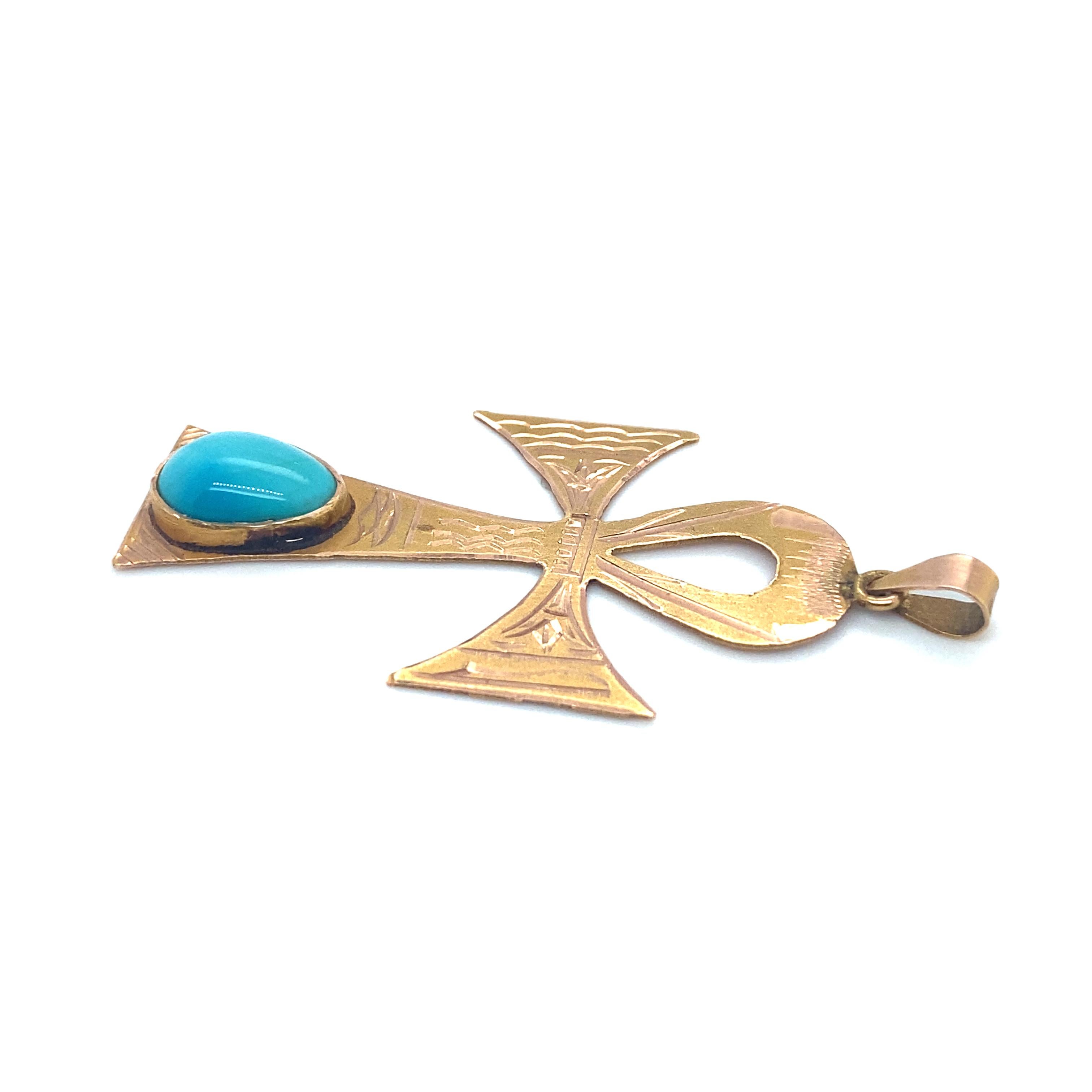 Pear Cut Circa 1970s Egyptian Ankh Turquoise Pendant in 18 Karat Yellow Gold For Sale
