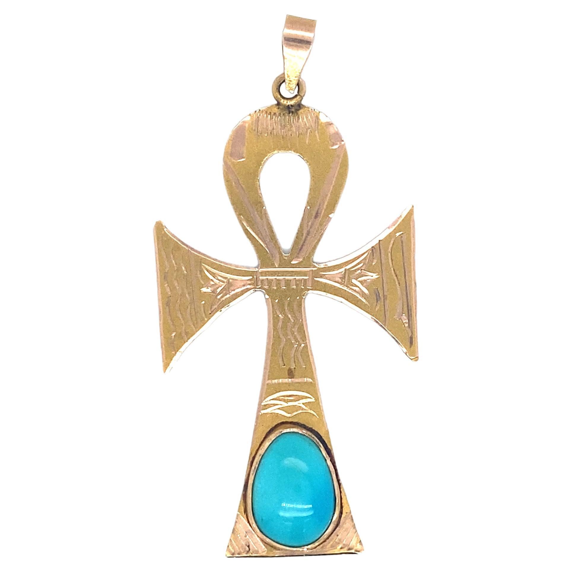 Circa 1970s Egyptian Ankh Turquoise Pendant in 18 Karat Yellow Gold For Sale