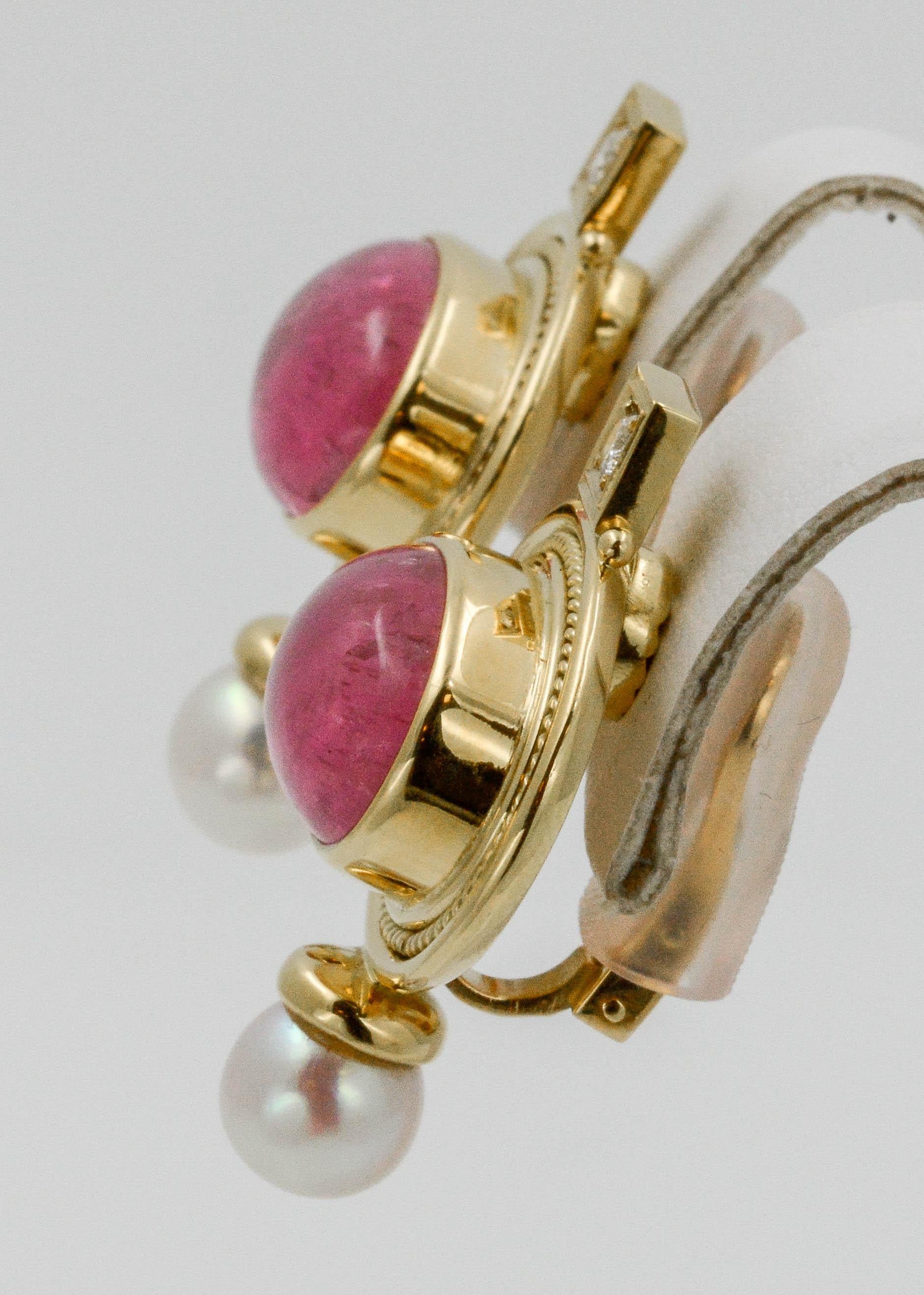 Modern Elizabeth Gage 18 KY Pink Tourmaline Diamond Clip Back Earrings, circa 1970s