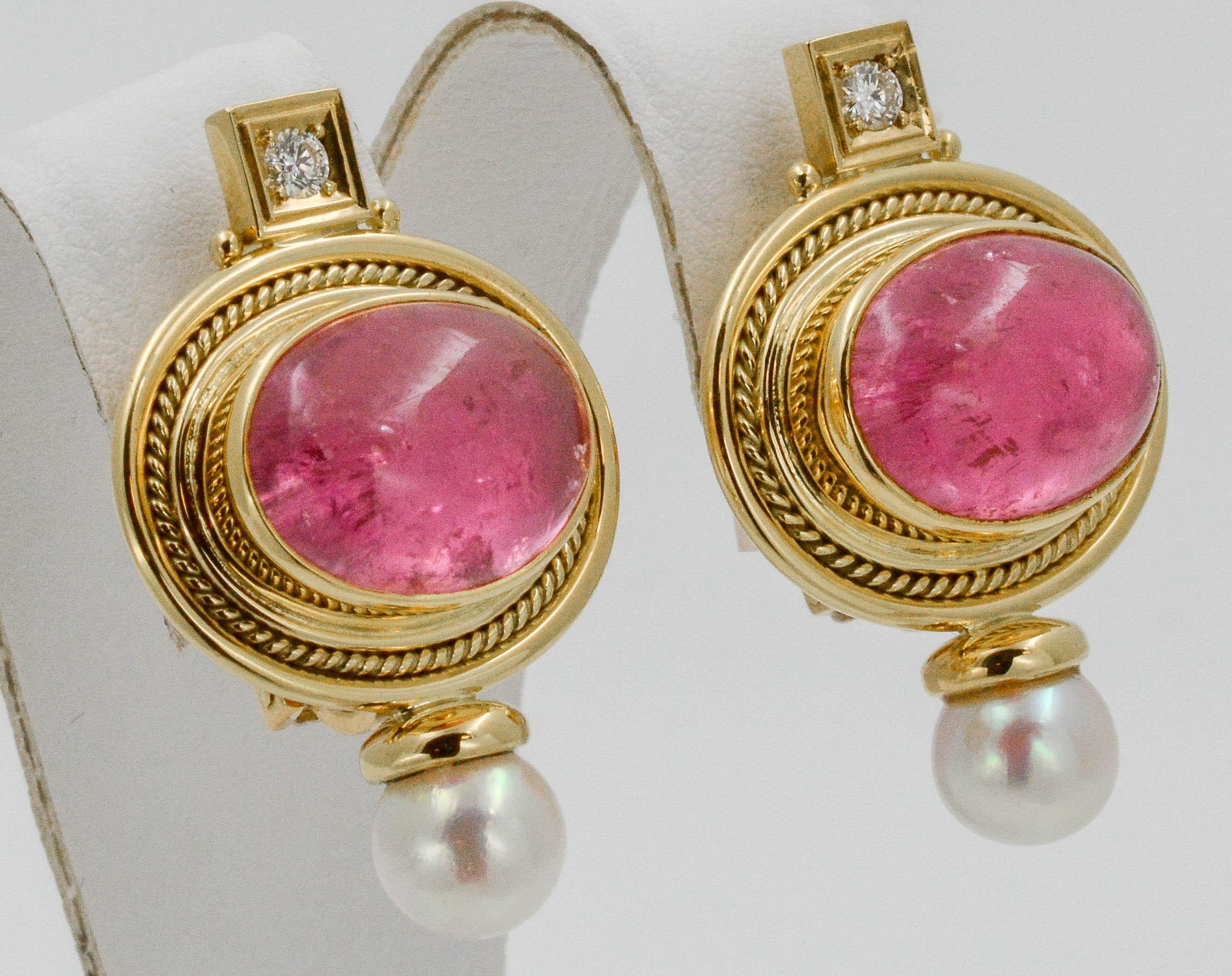 Women's Elizabeth Gage 18 KY Pink Tourmaline Diamond Clip Back Earrings, circa 1970s