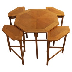 Circa 1970s English Mid Century Modern Oak Coffee Table & Nesting Tables Set