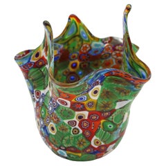 Circa 1970s Italian Murano Glass Millefiori Fazzoletto Vase or Bowl