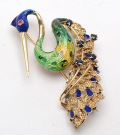 Ornate Retro Enamel Peacock Bird Brooch Ruby and Sapphire Accents, circa 1970s