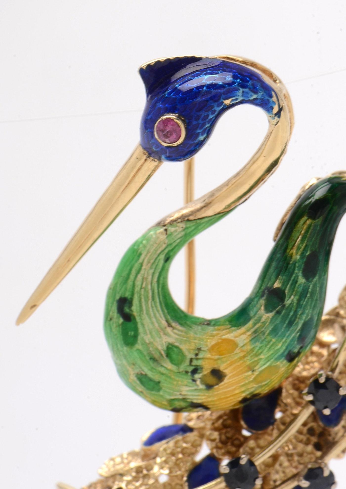 Round Cut Ornate Retro Enamel Peacock Bird Brooch Ruby and Sapphire Accents, circa 1970s