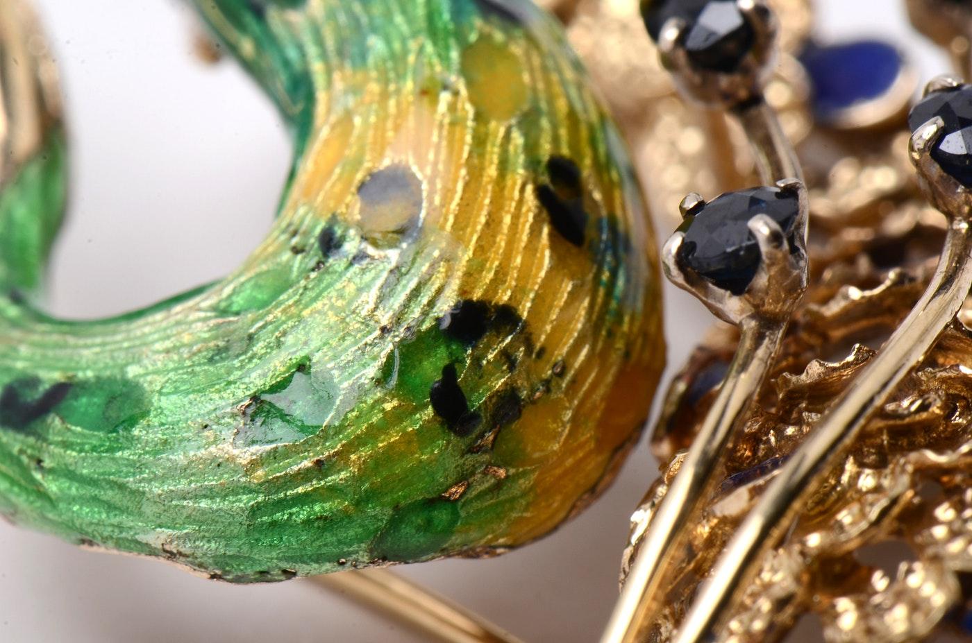 Ornate Retro Enamel Peacock Bird Brooch Ruby and Sapphire Accents, circa 1970s 1