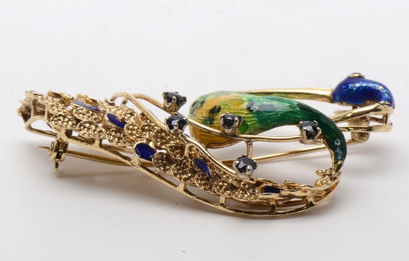Ornate Retro Enamel Peacock Bird Brooch Ruby and Sapphire Accents, circa 1970s 4