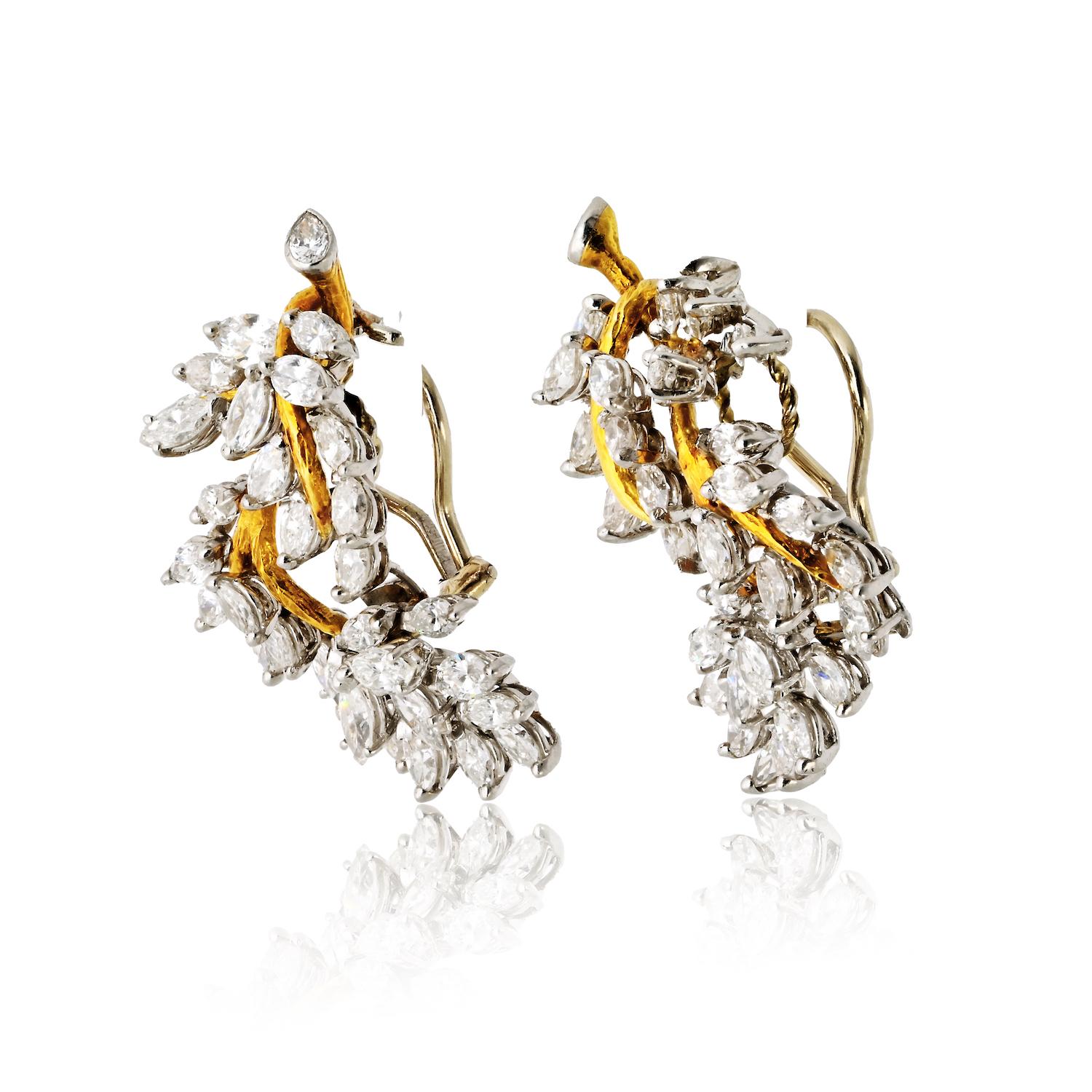 Moderno Circa 1970's Platinum 18K Yellow Gold 10.00cttw Marquise Foliage Earrings in vendita
