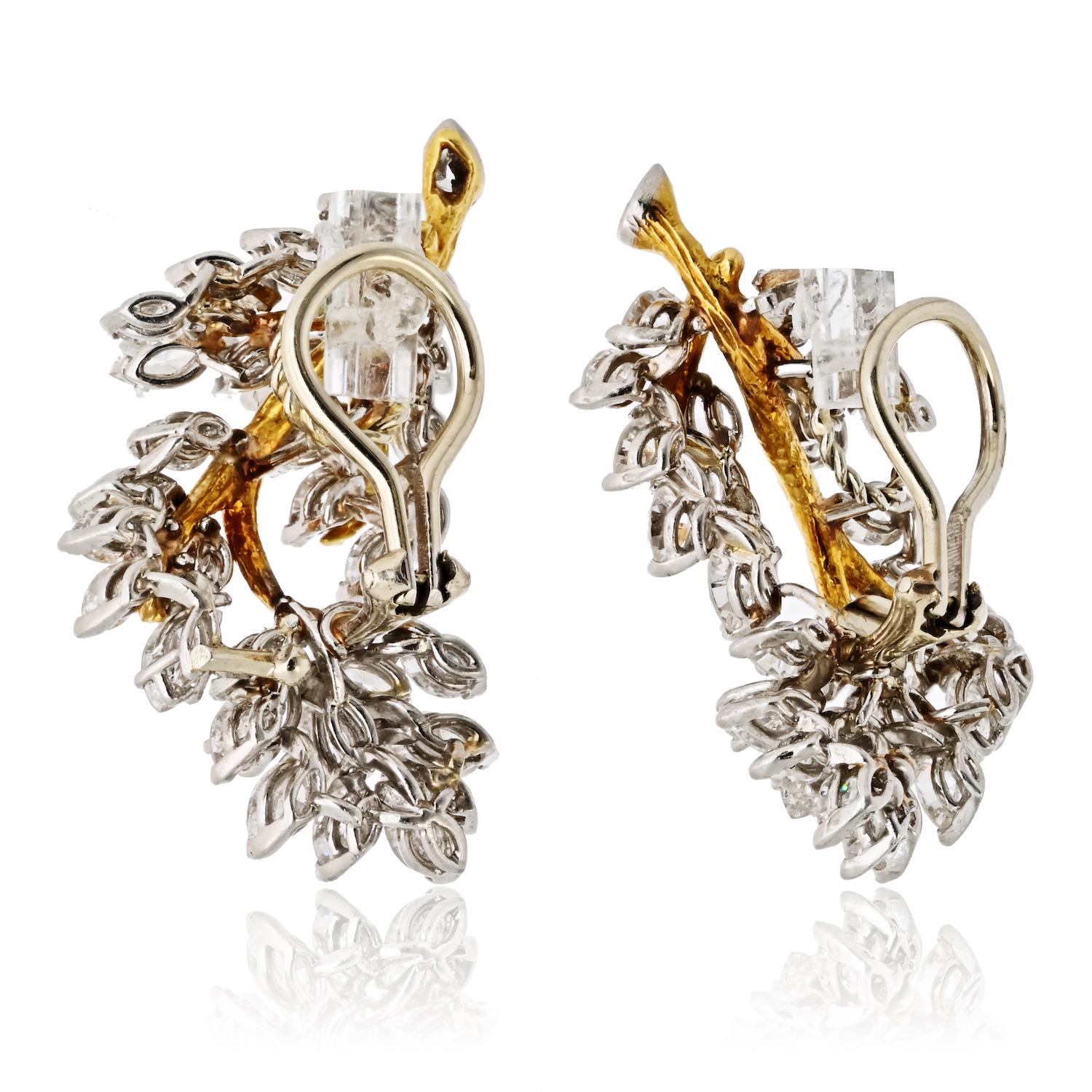 Taglio marquise Circa 1970's Platinum 18K Yellow Gold 10.00cttw Marquise Foliage Earrings in vendita
