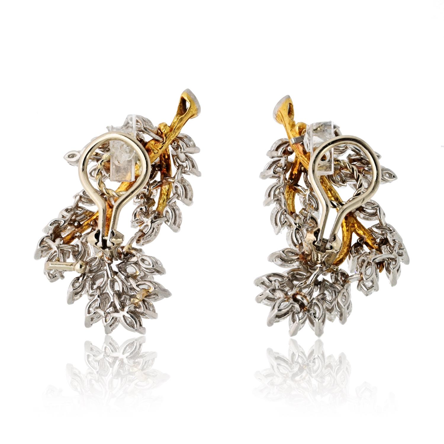 Circa 1970's Platinum 18K Yellow Gold 10.00cttw Marquise Foliage Earrings In condizioni ottime in vendita a New York, NY