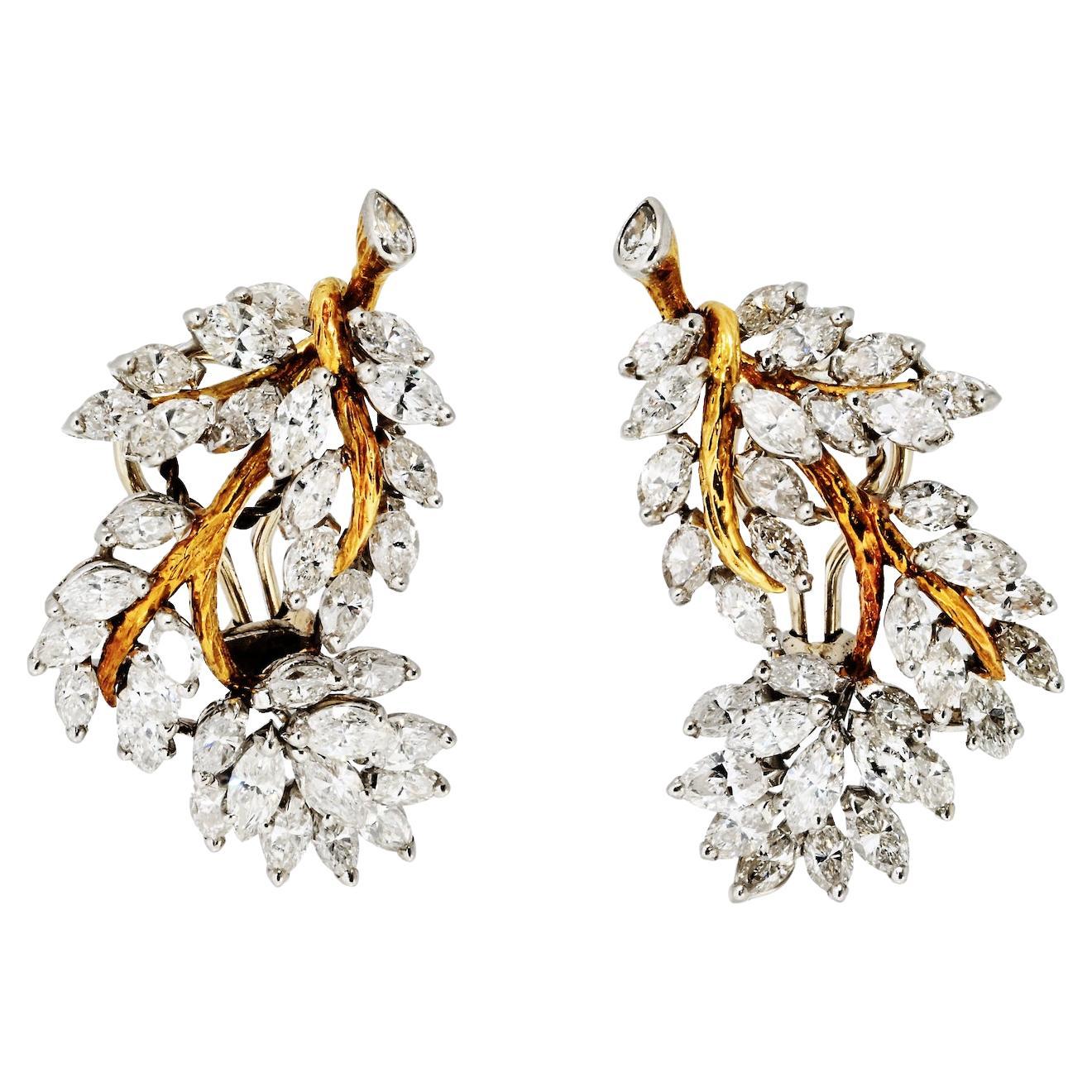 Circa 1970's Platinum 18K Yellow Gold 10.00cttw Marquise Foliage Earrings