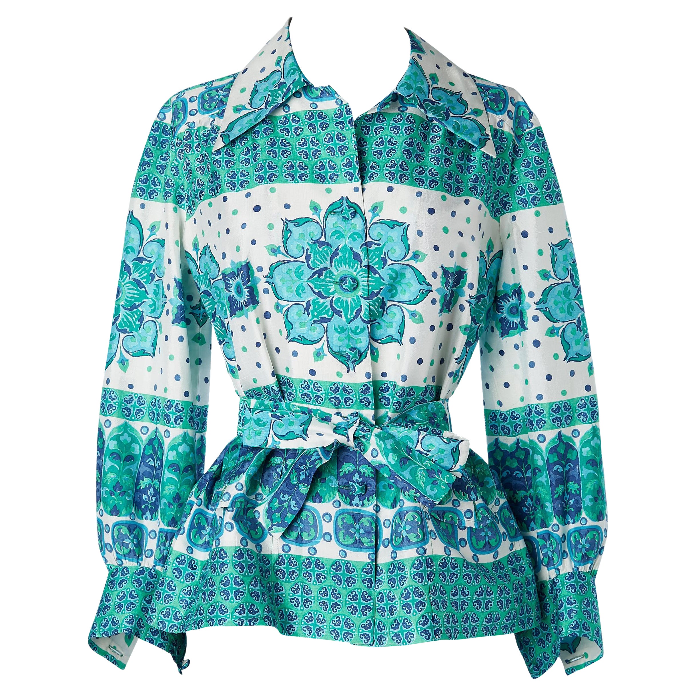 Años 70 Camisa estampada de shantung con bolsillos y cinturón Carven 2000 en venta