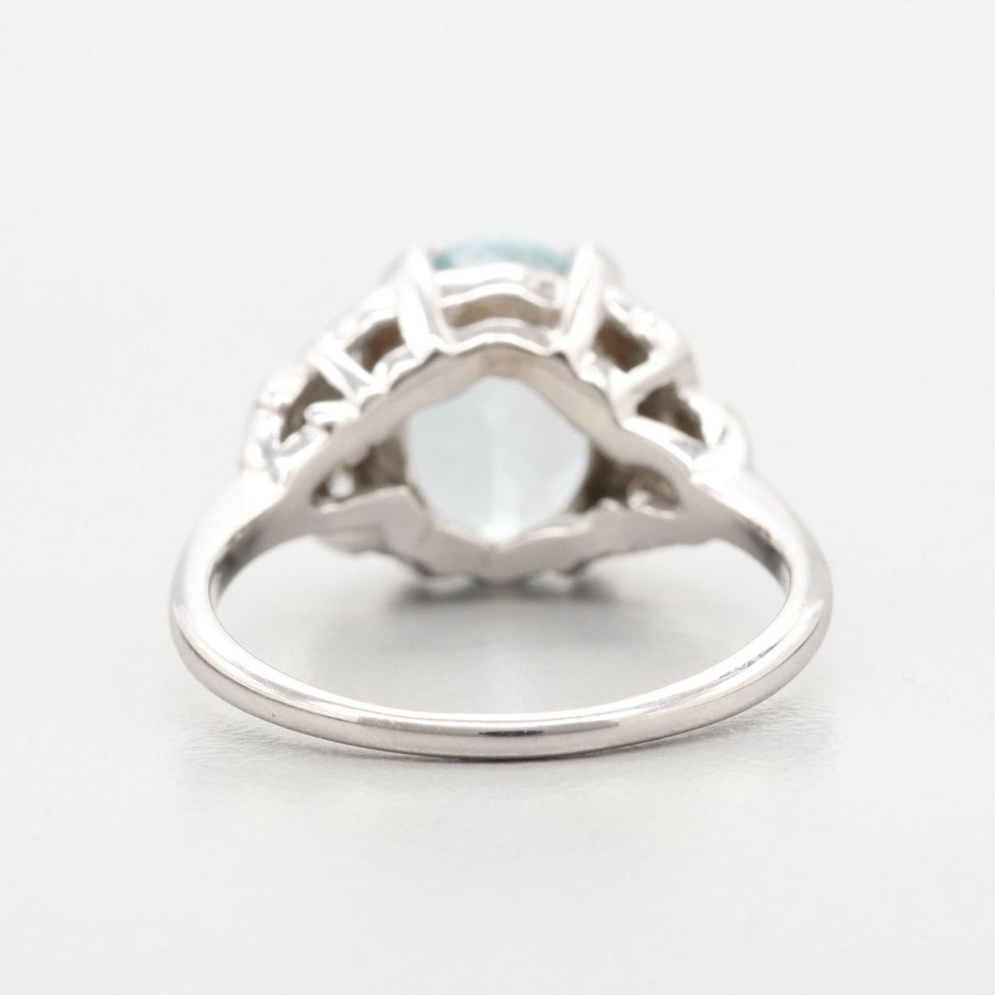 Women's Retro 14 Karat White Gold Aquamarine Ring with Diamond Accents, circa 1970s