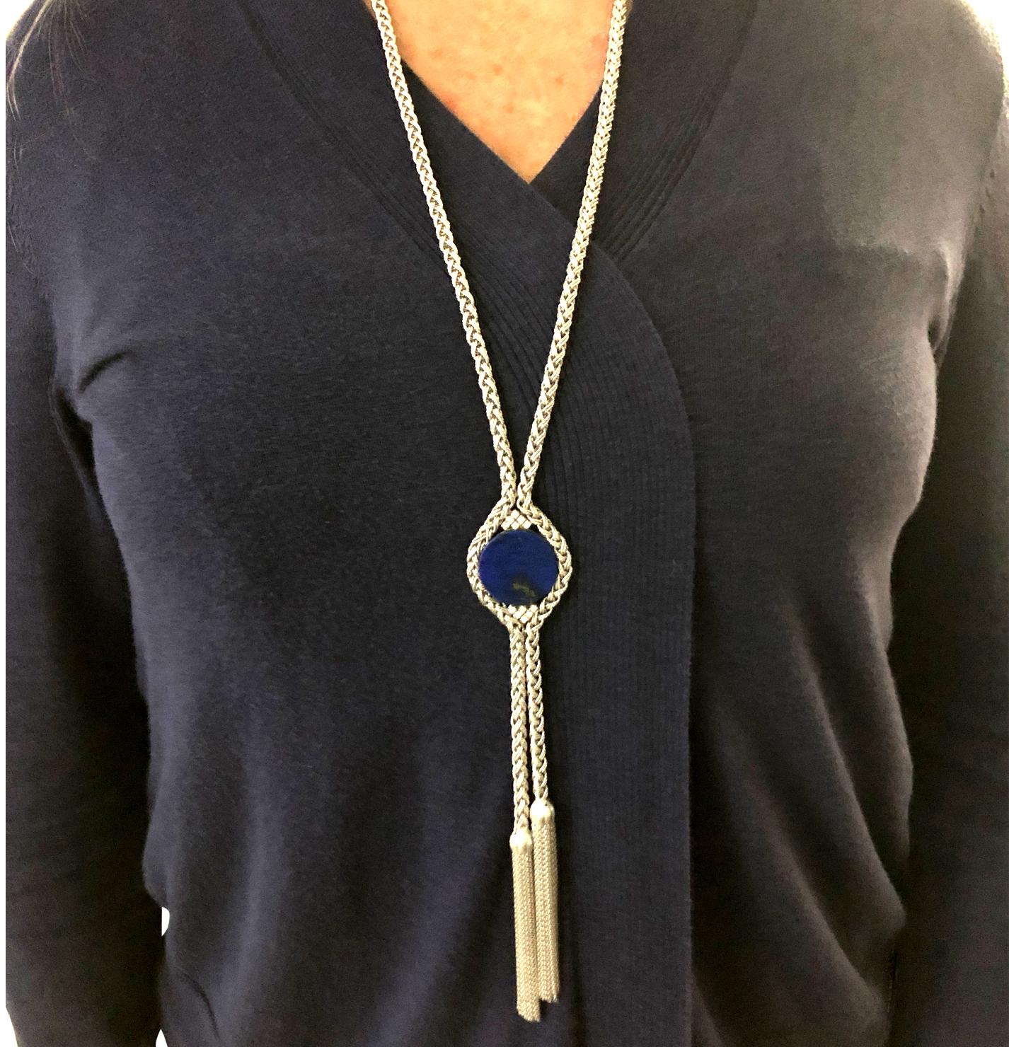 Round Cut Sautoir Lapis and Diamond Necklace, circa 1970s