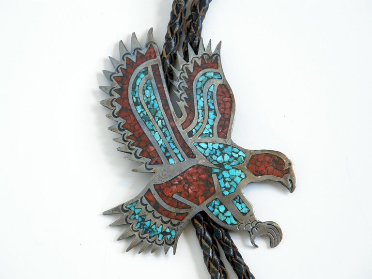 Turquoise Inlay Eagle Circa 1970s Sterling Silver Eagle Bolo Tie with Chip Inlay Turquoise ...