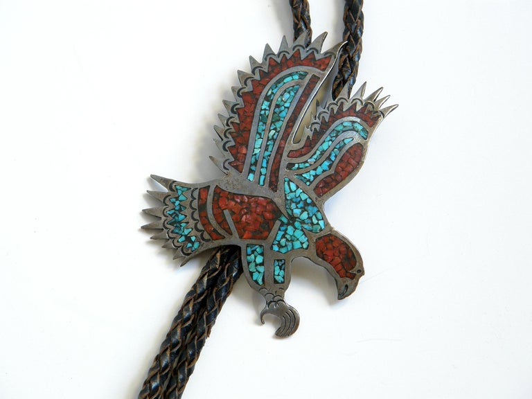 Turquoise Inlay Eagle Circa 1970s Sterling Silver Eagle Bolo Tie with Chip Inlay Turquoise ...