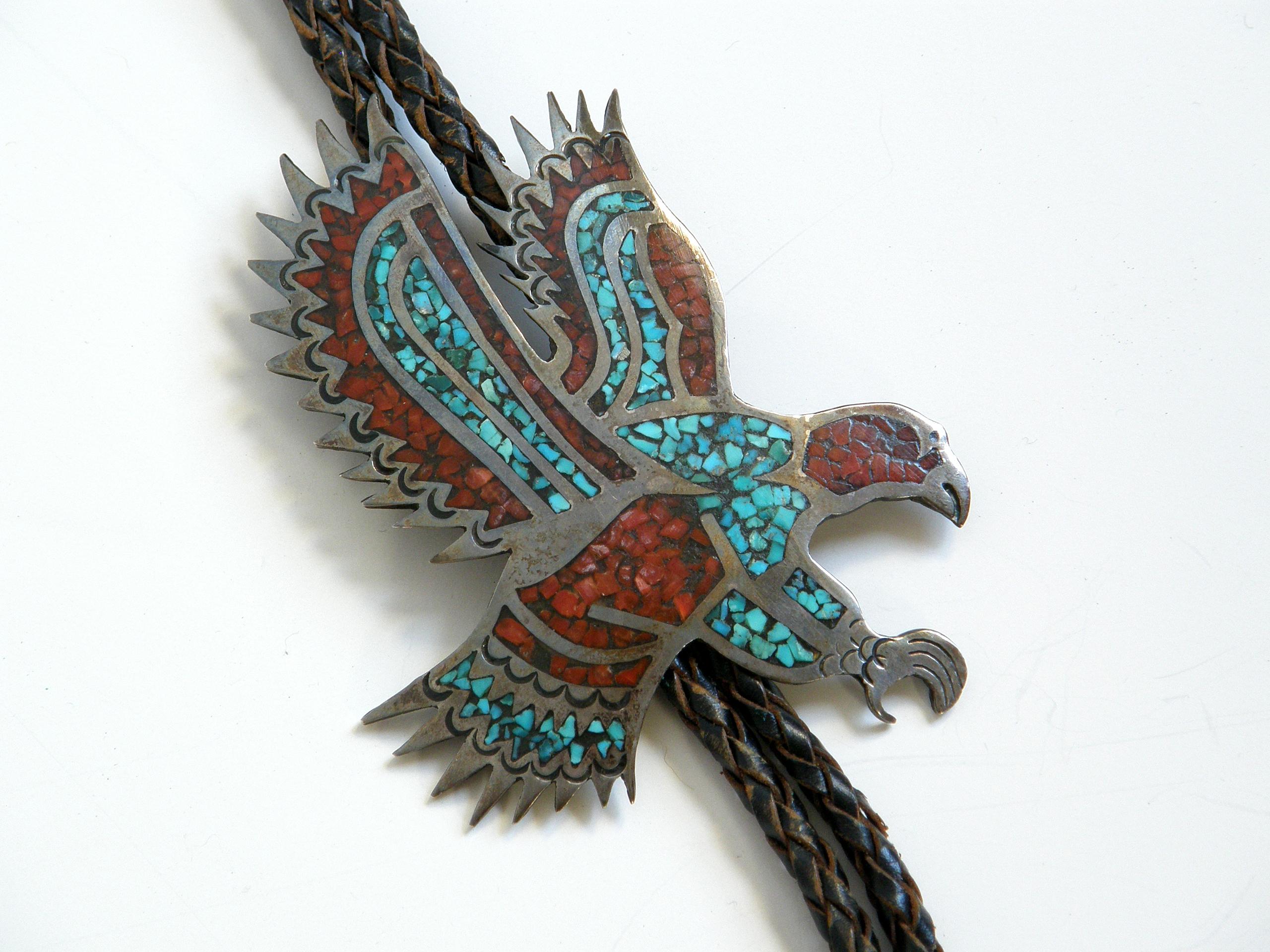 Circa 1970s Sterling Silver Eagle Bolo Tie with Chip Inlay Turquoise and Coral In Good Condition In Chicago, IL