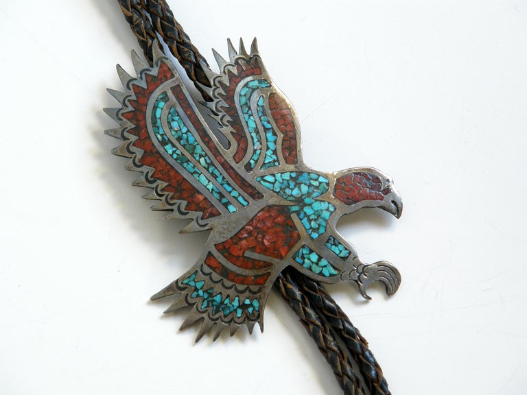 Turquoise Inlay Eagle Circa 1970s Sterling Silver Eagle Bolo Tie with Chip Inlay Turquoise ...
