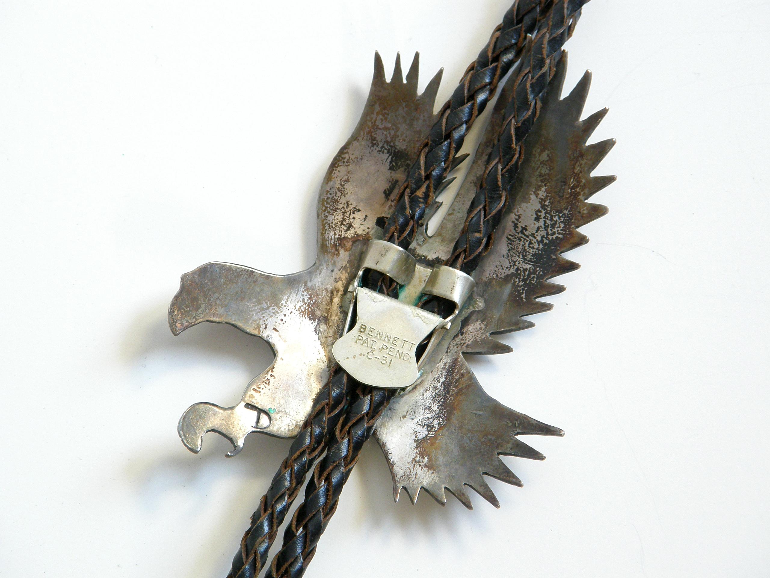 Women's or Men's Circa 1970s Sterling Silver Eagle Bolo Tie with Chip Inlay Turquoise and Coral