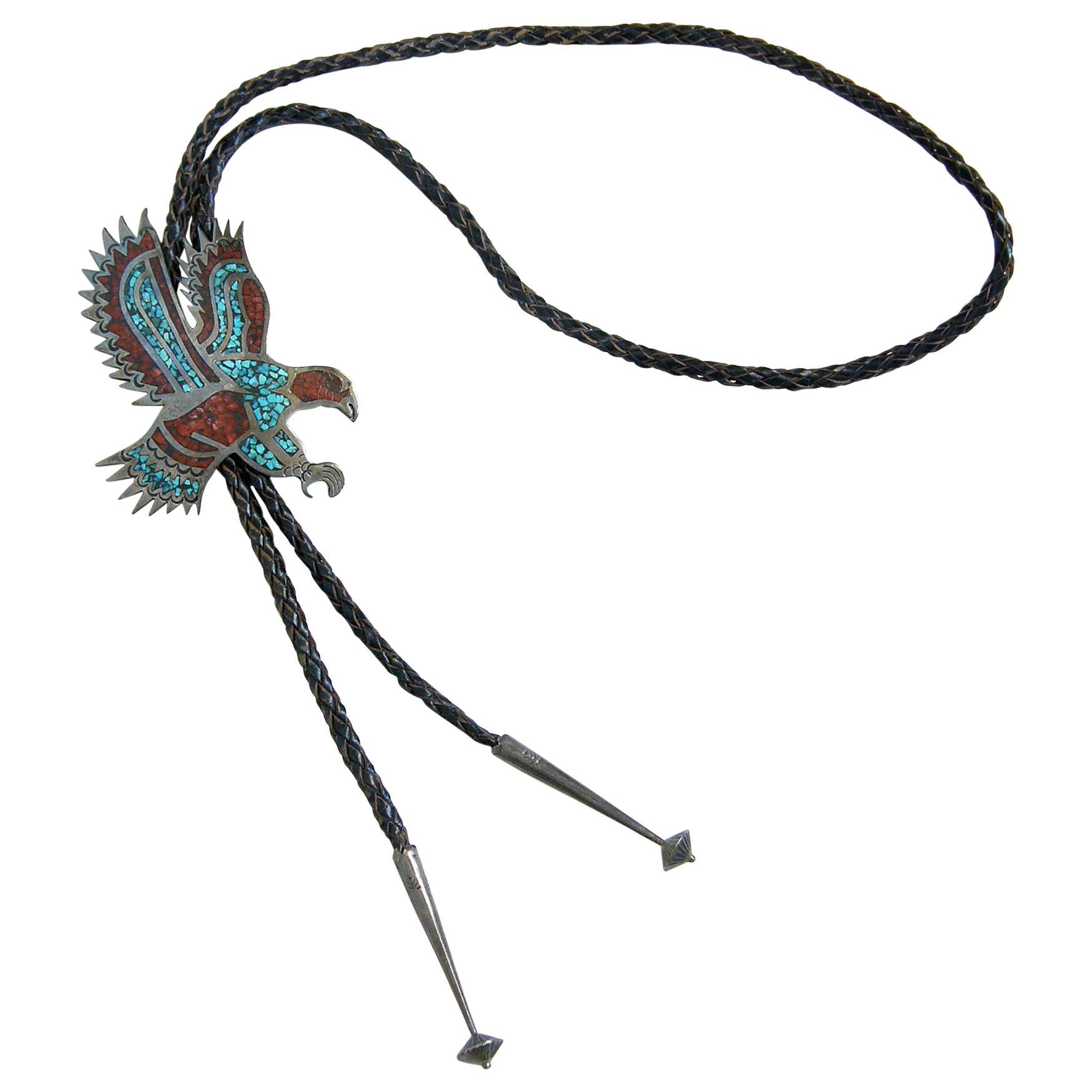 Circa 1970s Sterling Silver Eagle Bolo Tie with Chip Inlay Turquoise and Coral