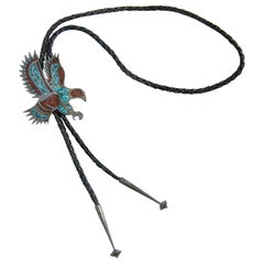 Vintage Circa 1970s Sterling Silver Eagle Bolo Tie with Chip Inlay Turquoise and Coral