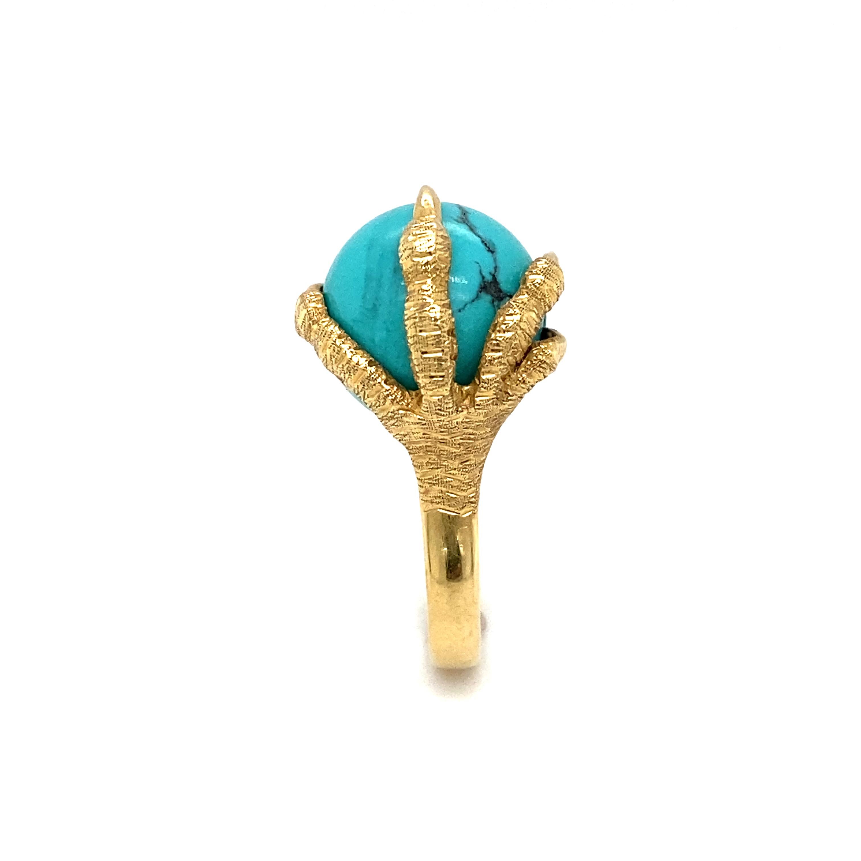 Ball Cut Circa 1970s Turquoise Bead and Claw Ring in 18 Karat Gold  For Sale