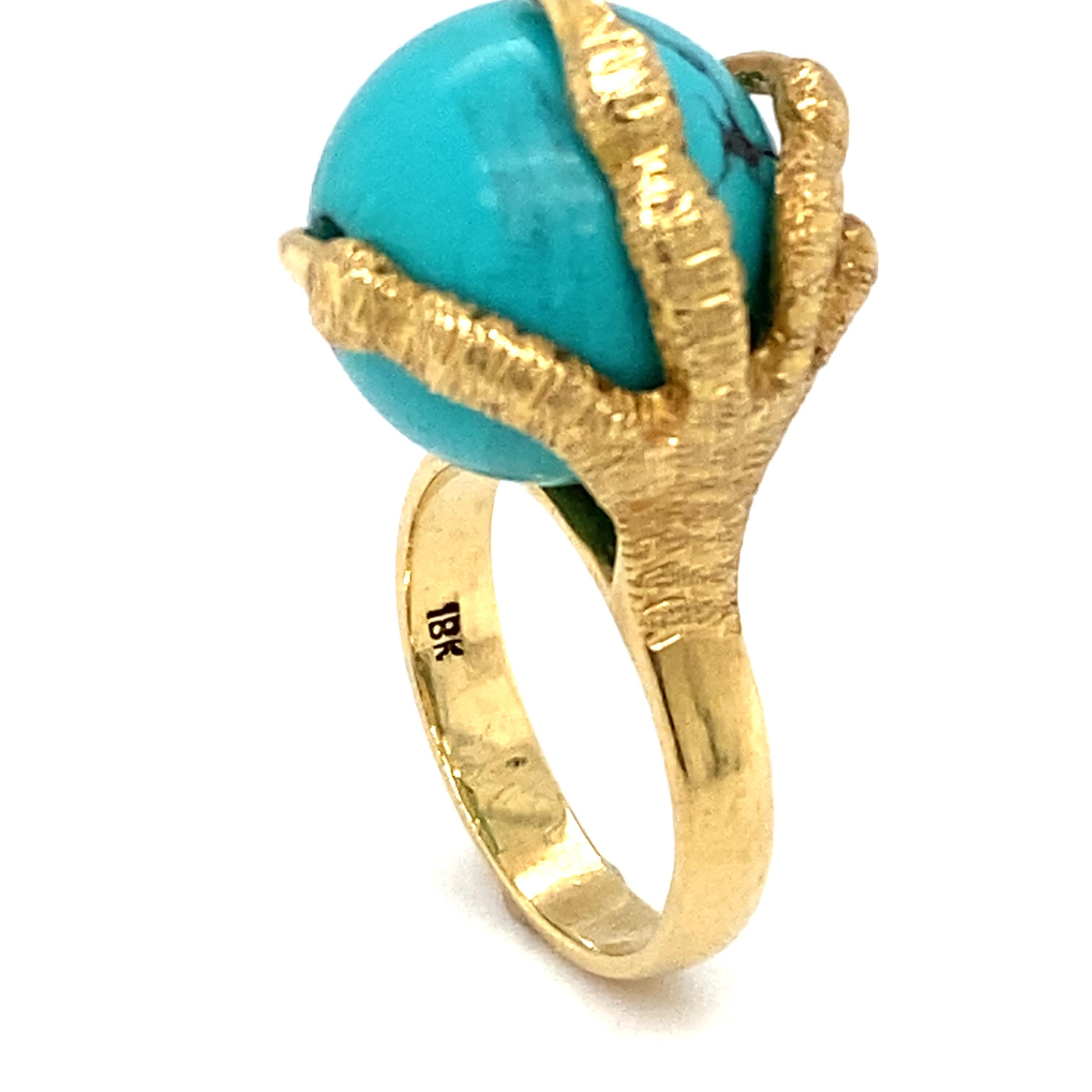 Women's or Men's Circa 1970s Turquoise Bead and Claw Ring in 18 Karat Gold  For Sale