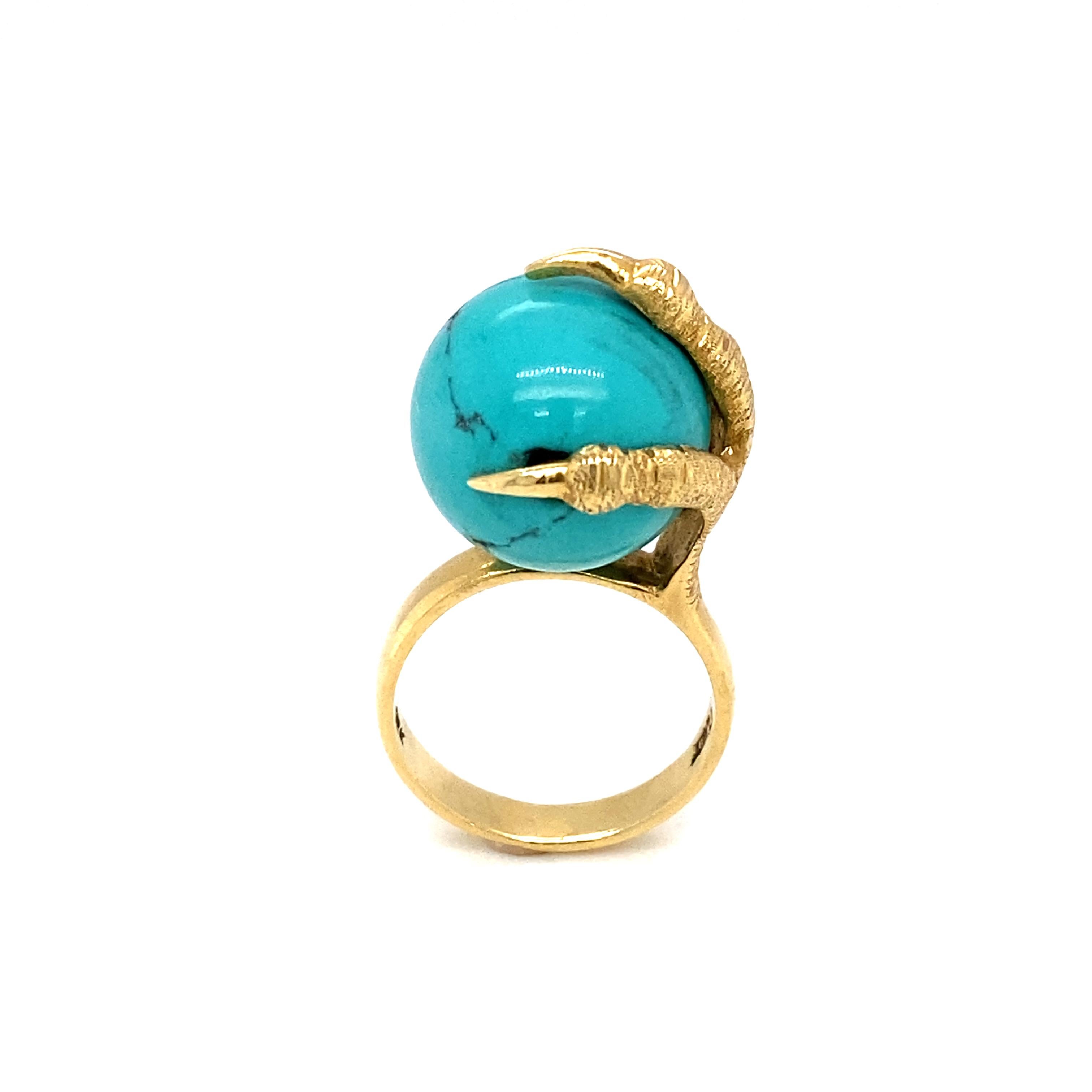 Circa 1970s Turquoise Bead and Claw Ring in 18 Karat Gold  For Sale 1