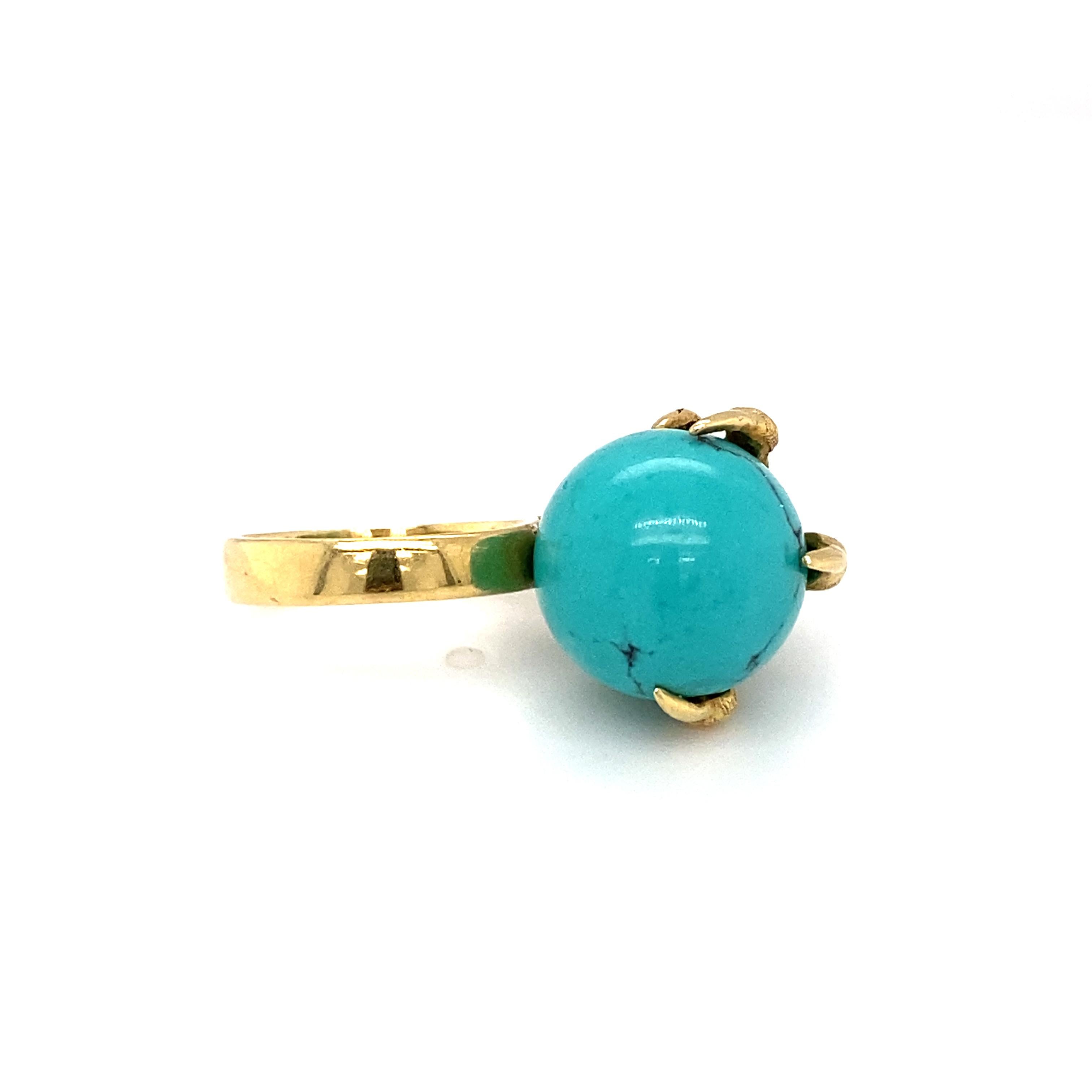 Circa 1970s Turquoise Bead and Claw Ring in 18 Karat Gold  For Sale 4