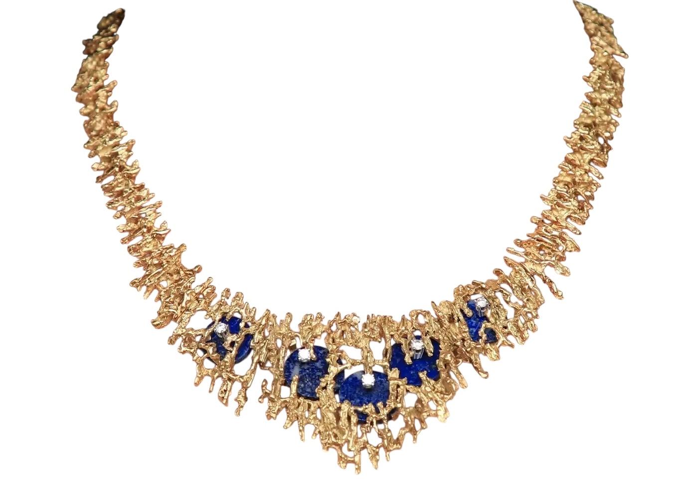 CIRCA 1972 GROSSE Massiv 18k Gelbgold Modernist Diamant & Lapis Halskette im Angebot 1