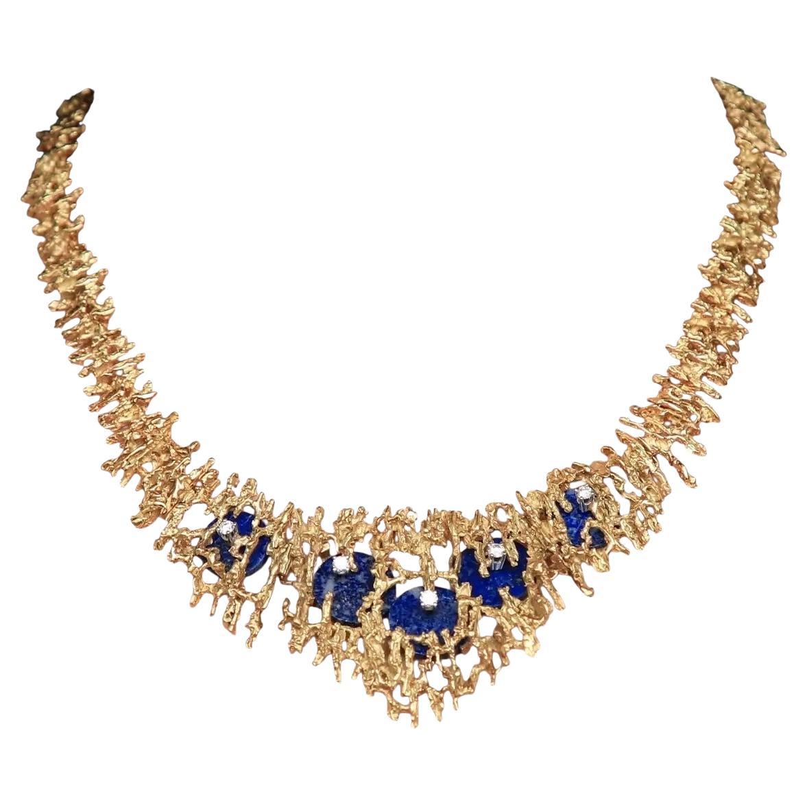 CIRCA 1972 GROSSE Massiv 18k Gelbgold Modernist Diamant & Lapis Halskette im Angebot