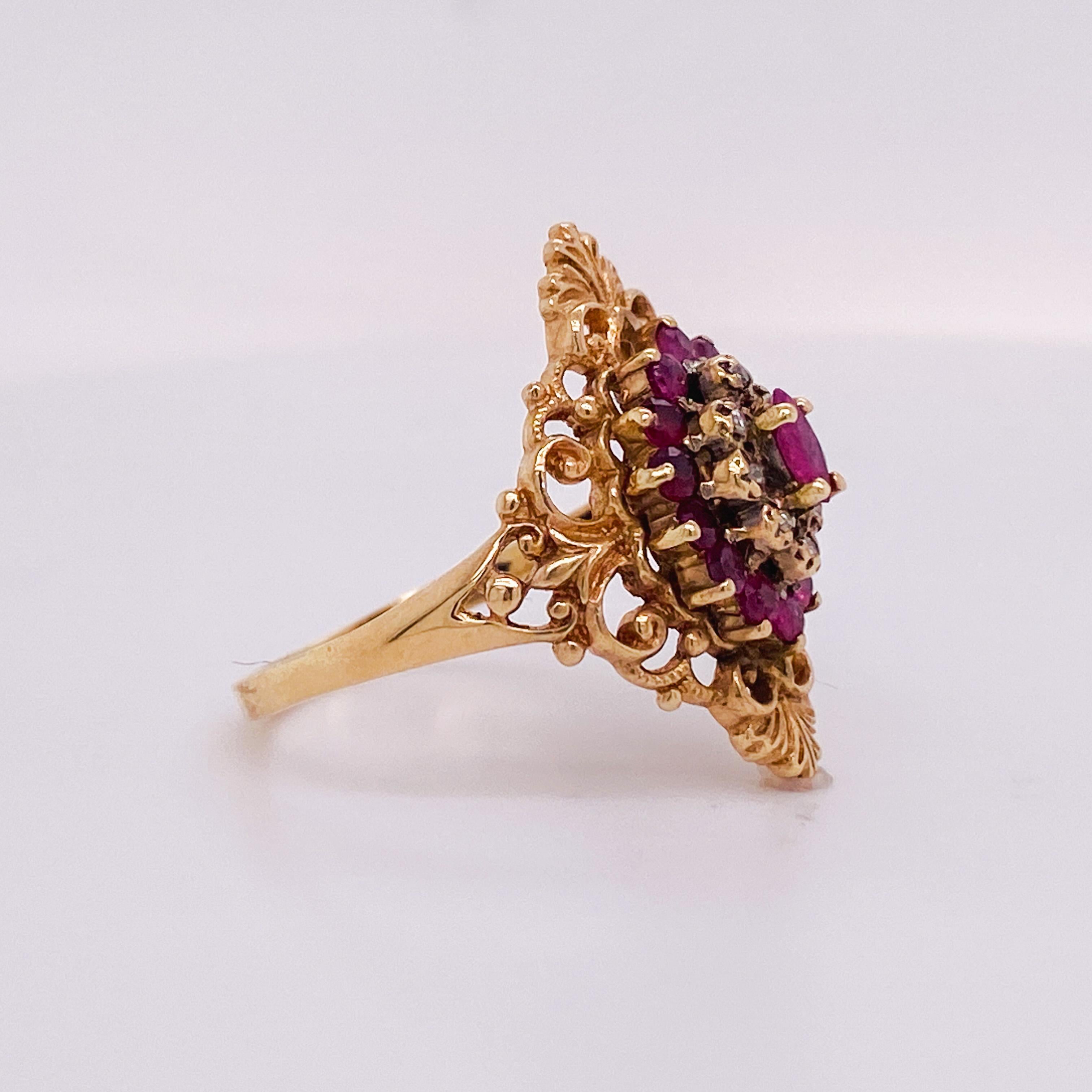 Art Deco Ruby and Diamond Marquise Ring 14K Yellow Gold Openwork Swirls (LV), circa 1975  For Sale