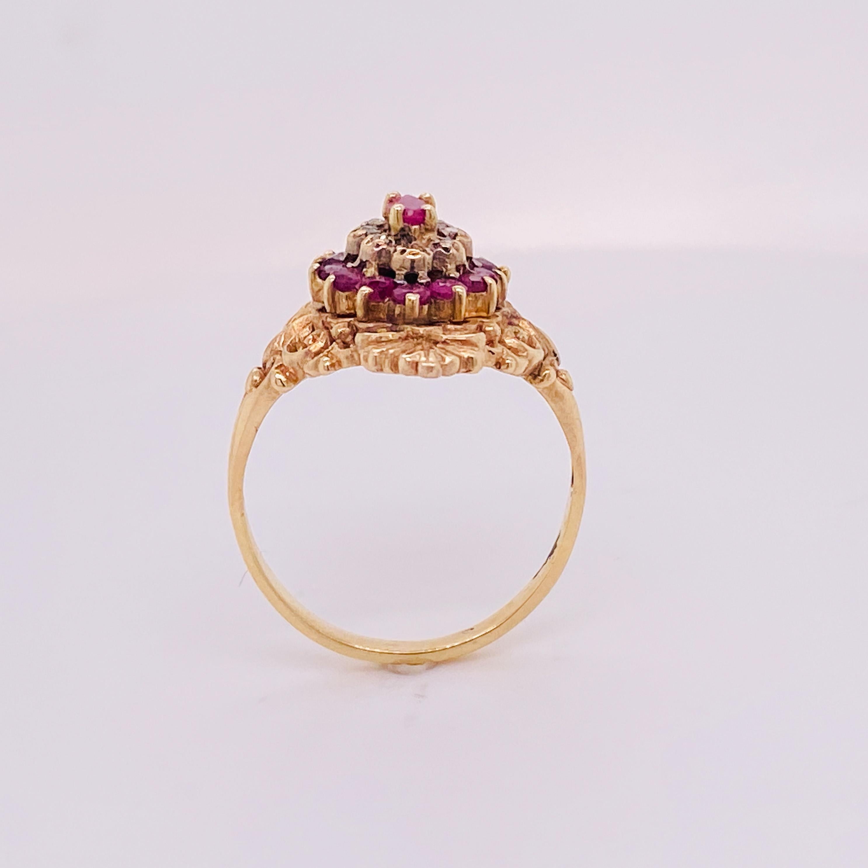 Round Cut Ruby and Diamond Marquise Ring 14K Yellow Gold Openwork Swirls (LV), circa 1975  For Sale