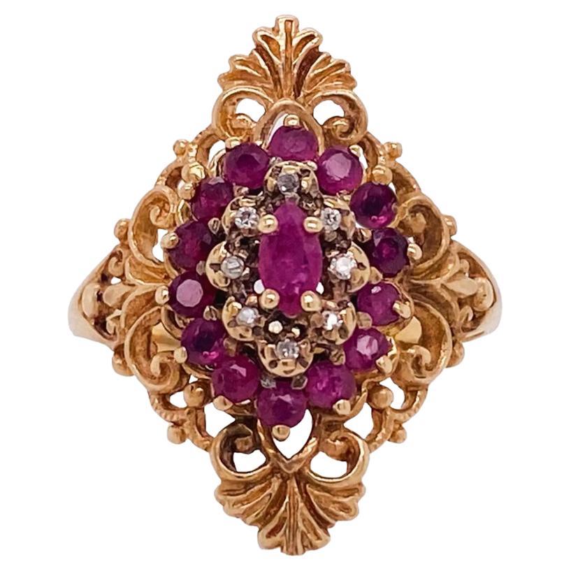 Ruby and Diamond Marquise Ring 14K Yellow Gold Openwork Swirls (LV), circa 1975  For Sale