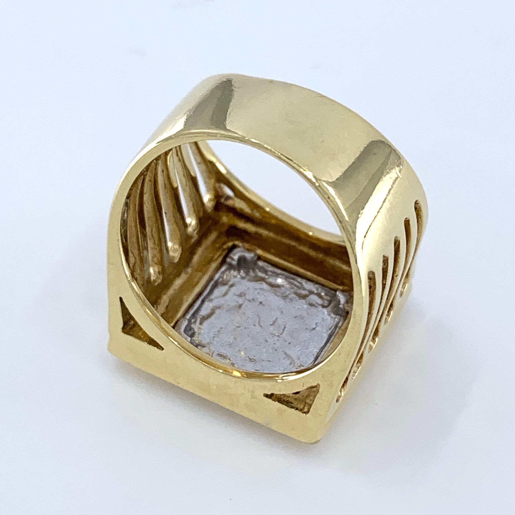 Women's or Men's Hammered Square Signet Ring in 18 Karat White and Yellow Gold, circa 1980