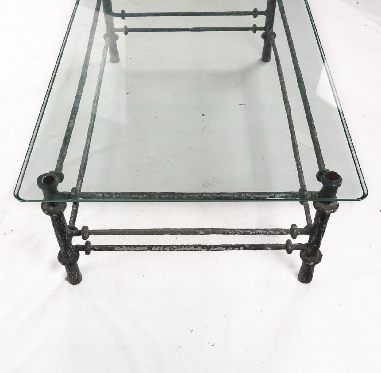 Circa 1980 Patinated Hammered Wrought Iron Coffee Table After Diego Giacometti. In Good Condition For Sale In Chicago, IL